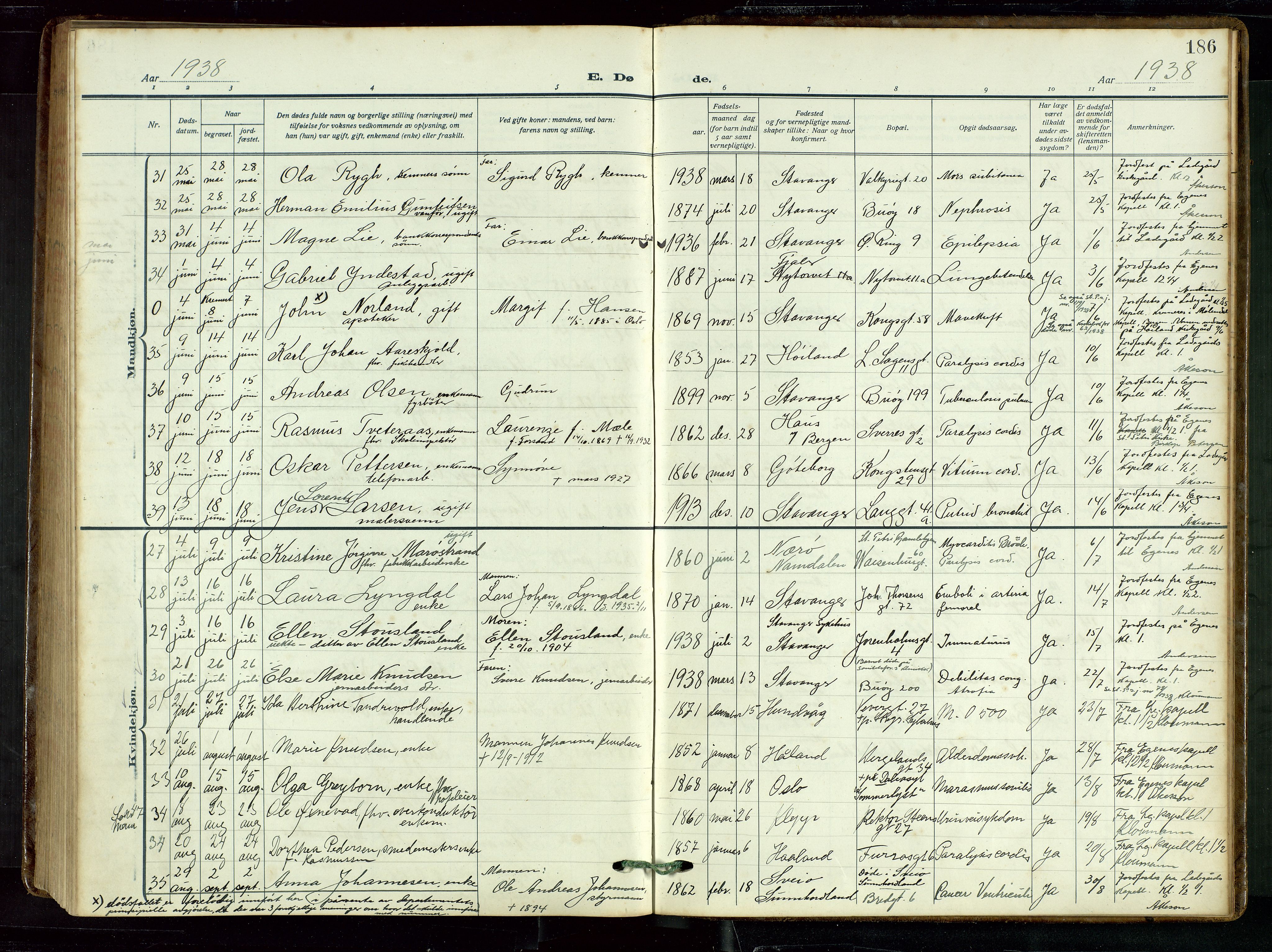 St. Petri sokneprestkontor, AV/SAST-A-101813/002/D/L0003: Parish register (official) no. A 28, 1919-1938, p. 186