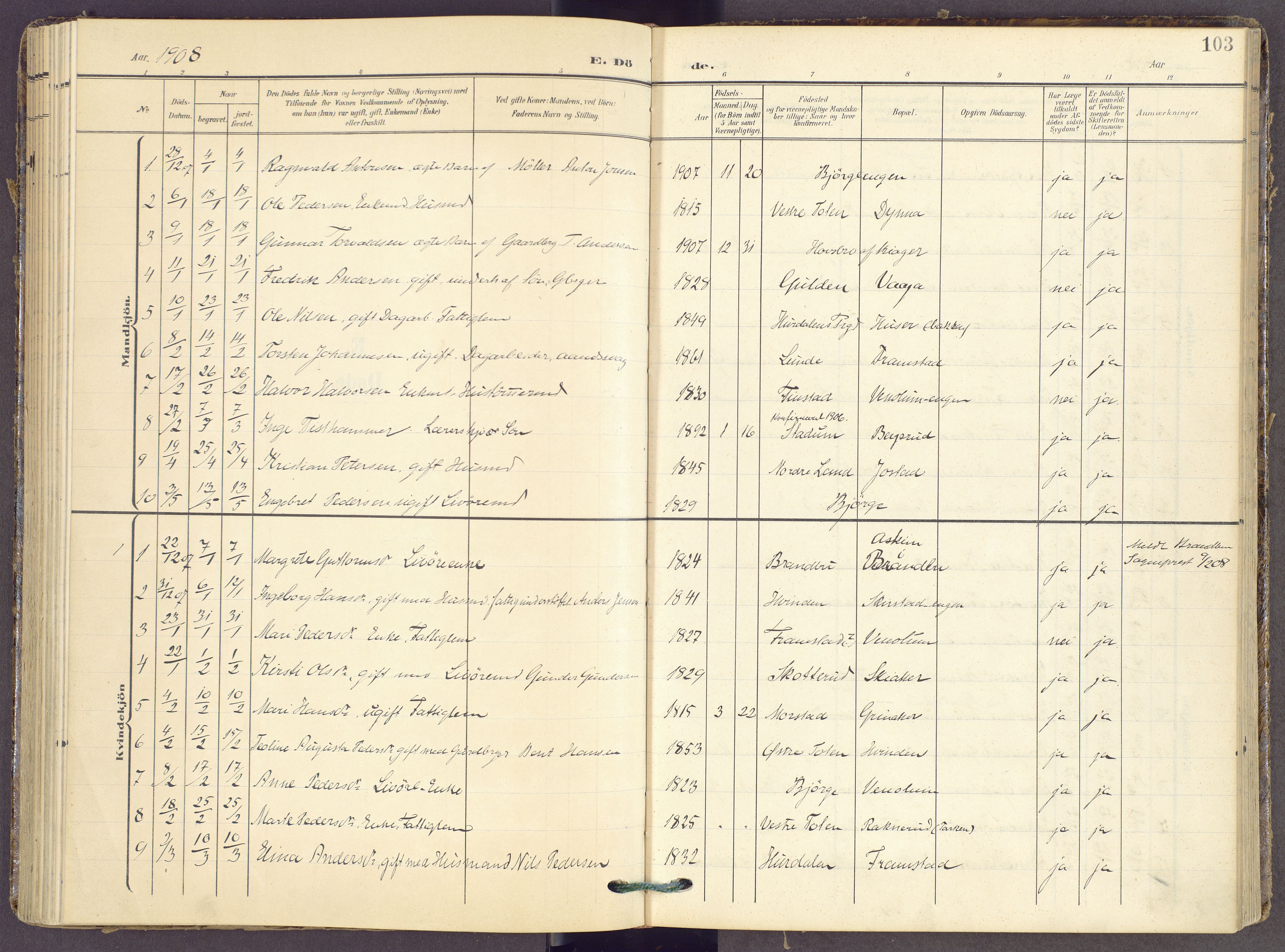Gran prestekontor, SAH/PREST-112/H/Ha/Haa/L0022: Parish register (official) no. 22, 1908-1918, p. 103