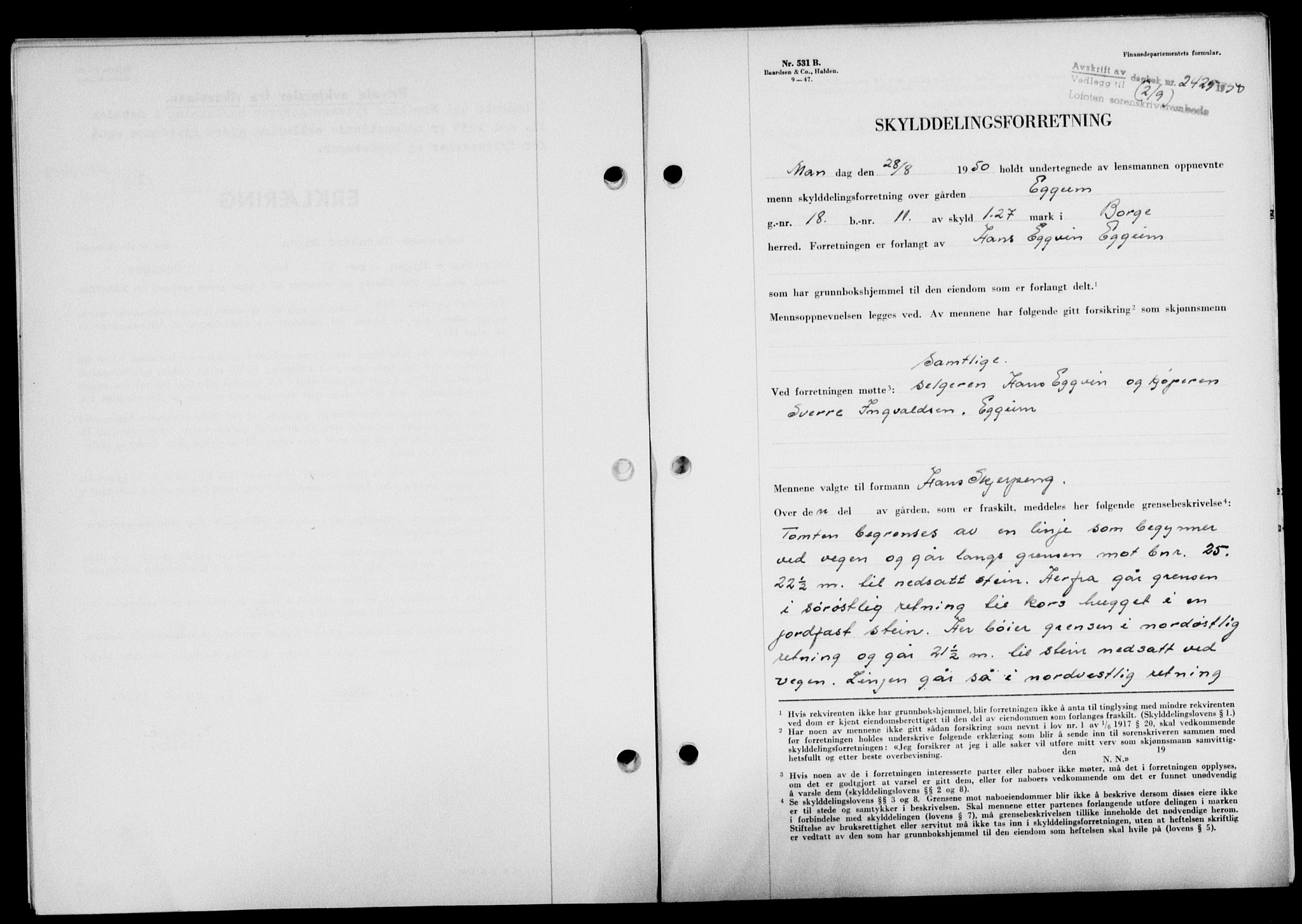 Lofoten sorenskriveri, SAT/A-0017/1/2/2C/L0024a: Mortgage book no. 24a, 1950-1950, Diary no: : 2425/1950