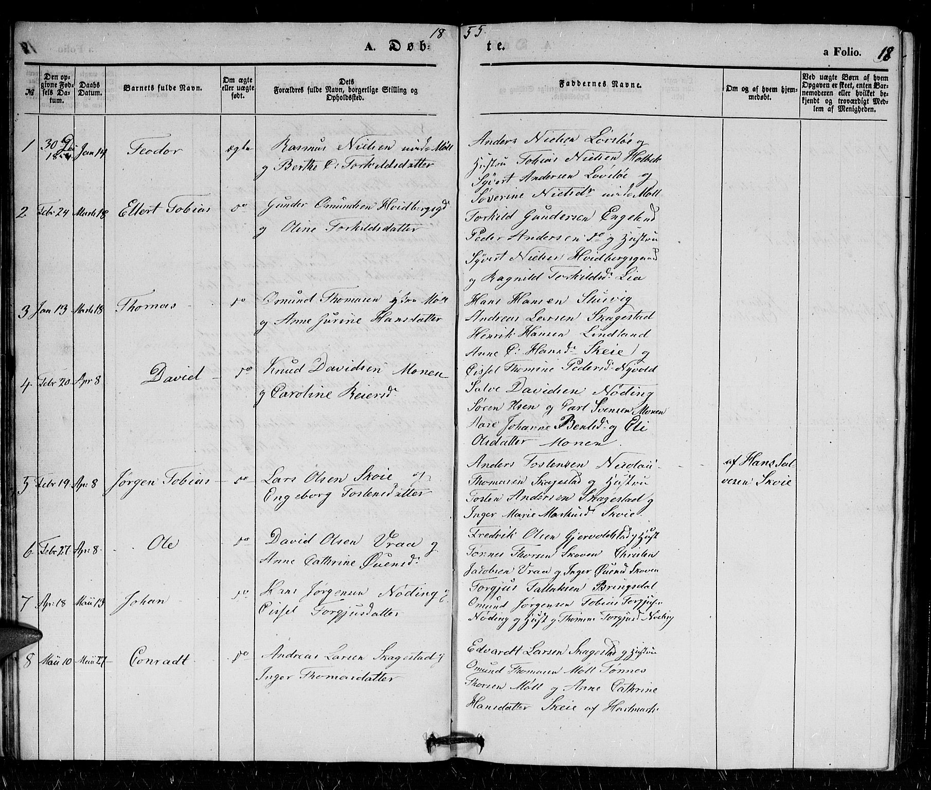 Holum sokneprestkontor, SAK/1111-0022/F/Fb/Fba/L0003: Parish register (copy) no. B 3, 1850-1866, p. 18