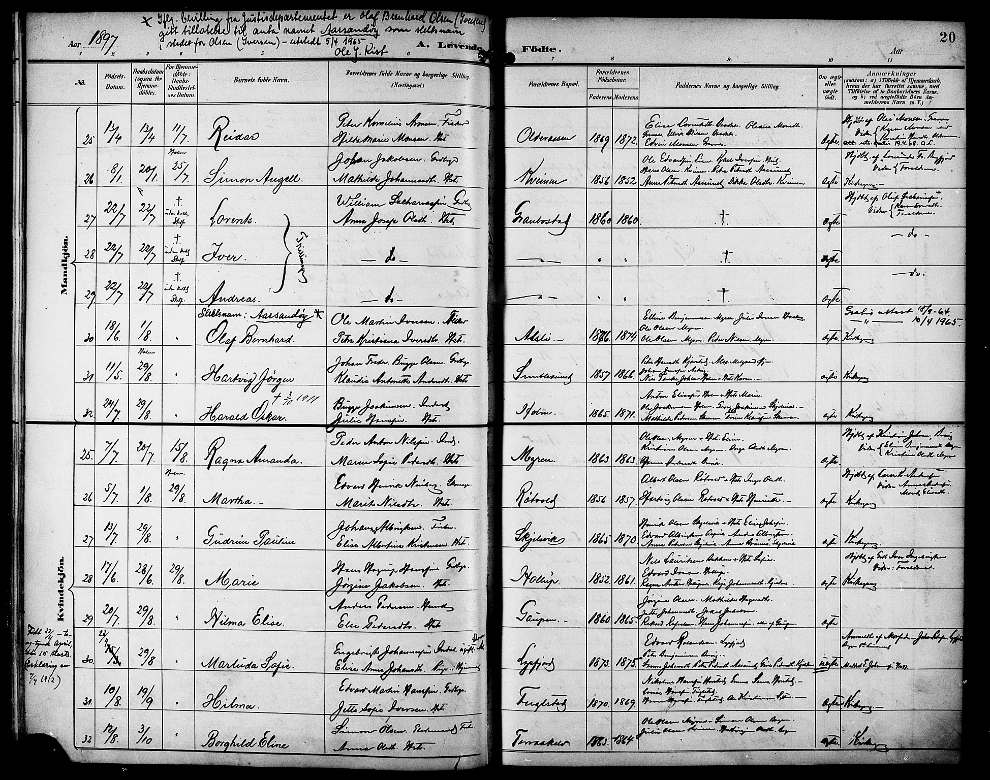 Ministerialprotokoller, klokkerbøker og fødselsregistre - Nordland, AV/SAT-A-1459/810/L0152: Parish register (official) no. 810A11, 1895-1899, p. 20