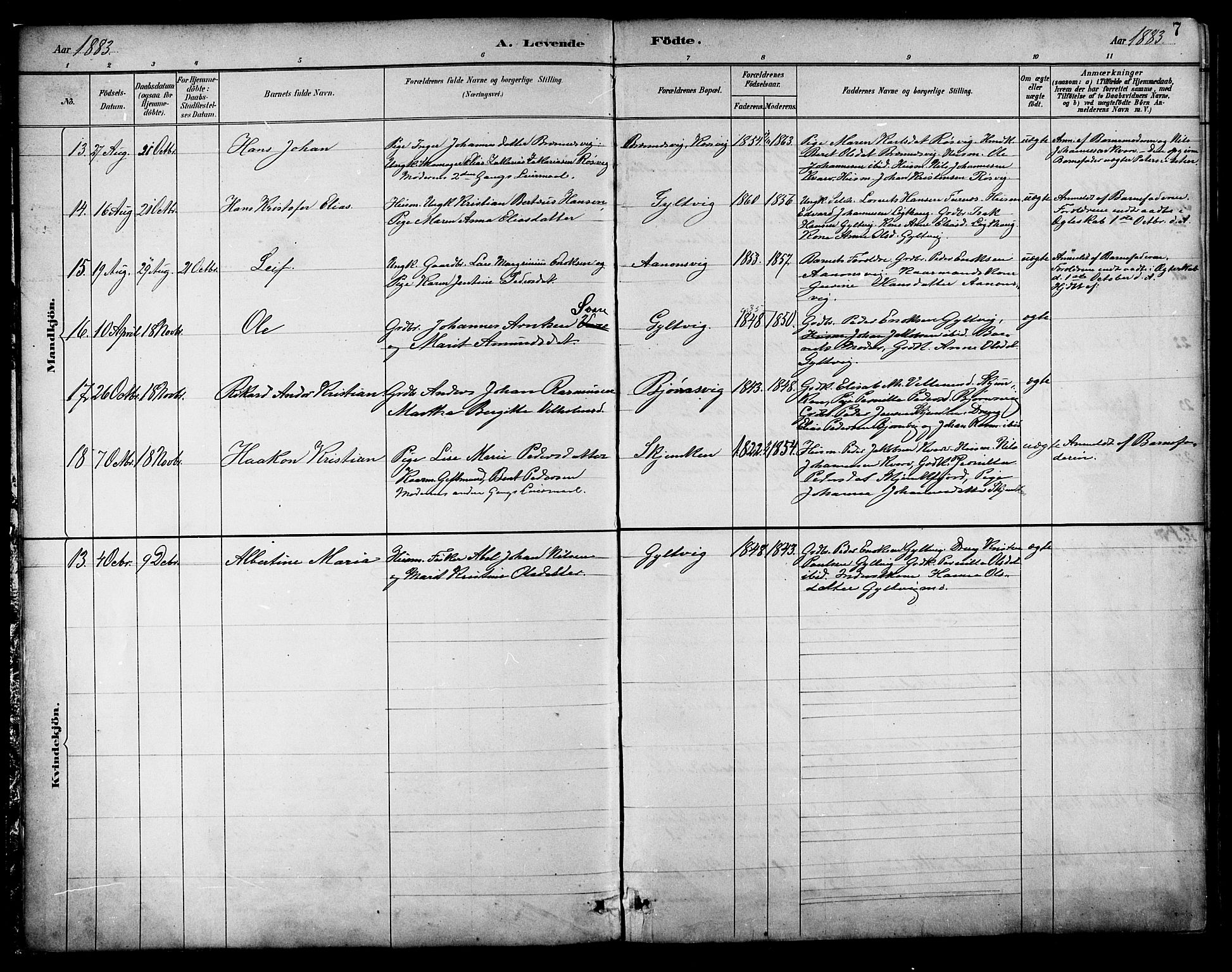 Ministerialprotokoller, klokkerbøker og fødselsregistre - Nordland, SAT/A-1459/854/L0777: Parish register (official) no. 854A01 /1, 1883-1891, p. 7