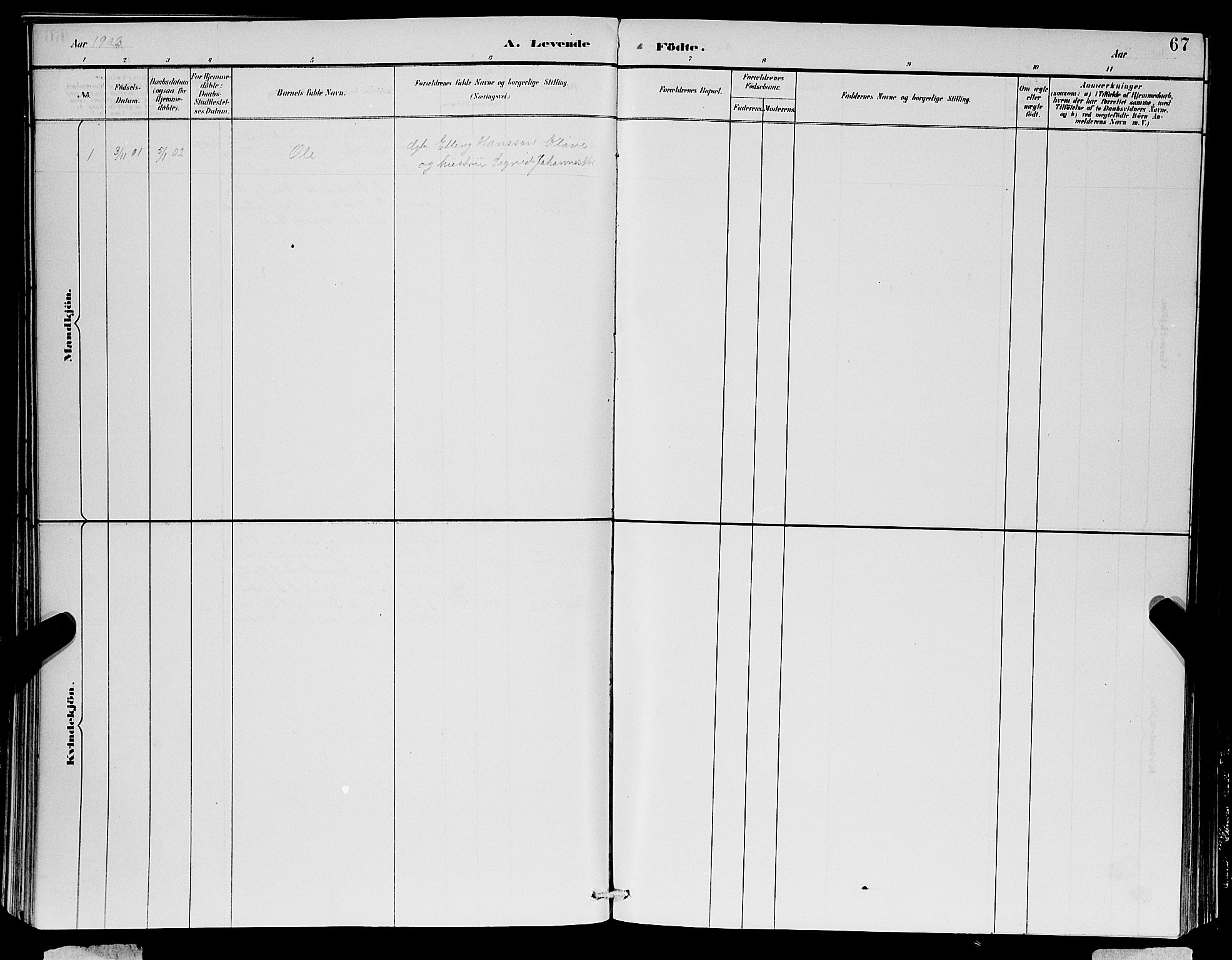 Ulvik sokneprestembete, SAB/A-78801/H/Hab: Parish register (copy) no. B 3, 1884-1901, p. 67