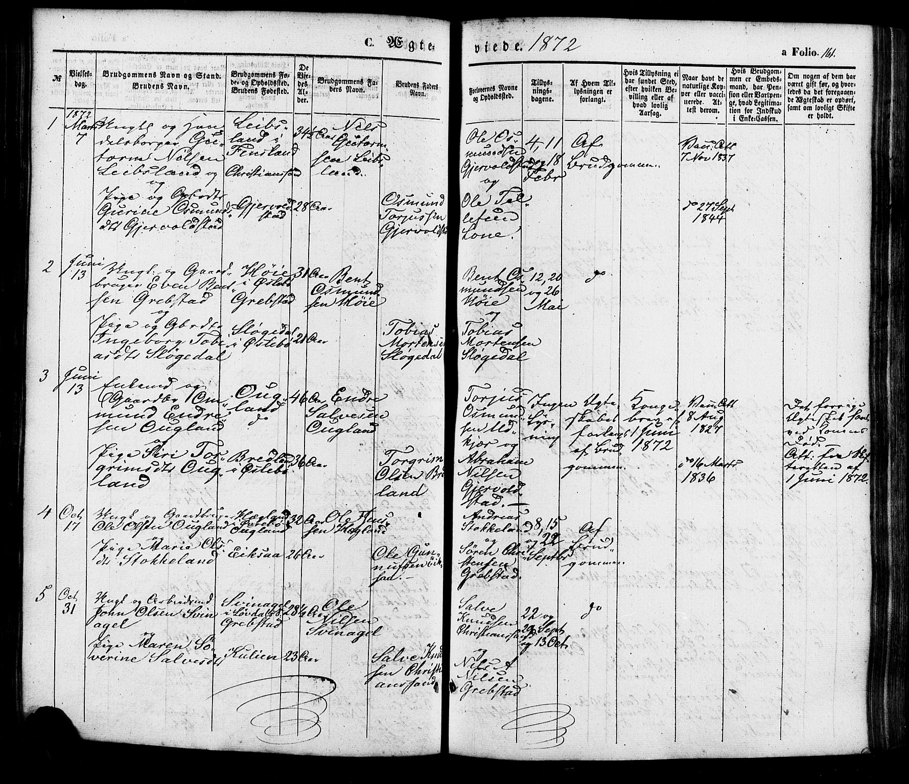 Søgne sokneprestkontor, SAK/1111-0037/F/Fa/Faa/L0002: Parish register (official) no. A 2, 1854-1882, p. 161