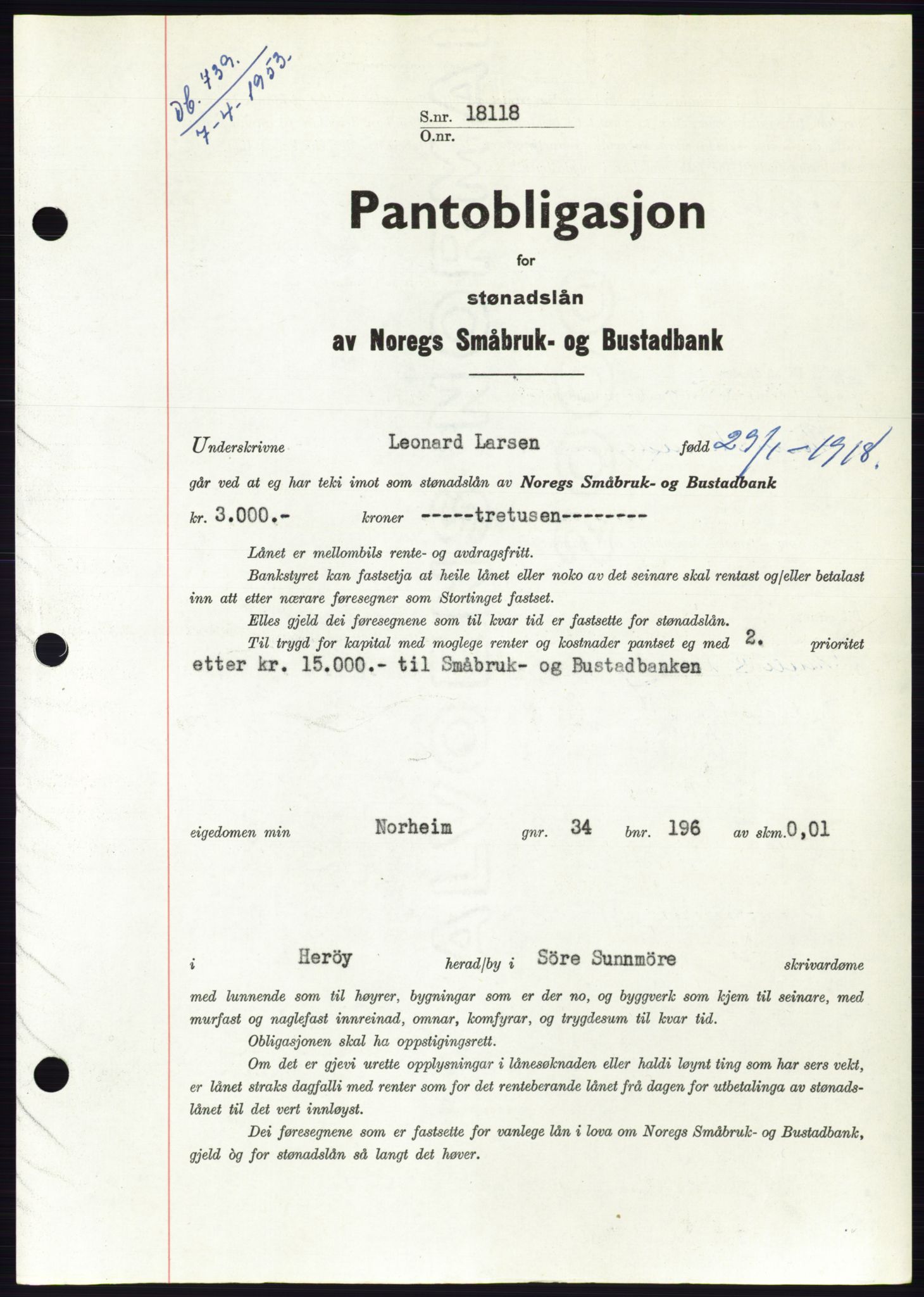 Søre Sunnmøre sorenskriveri, AV/SAT-A-4122/1/2/2C/L0123: Mortgage book no. 11B, 1953-1953, Diary no: : 739/1953