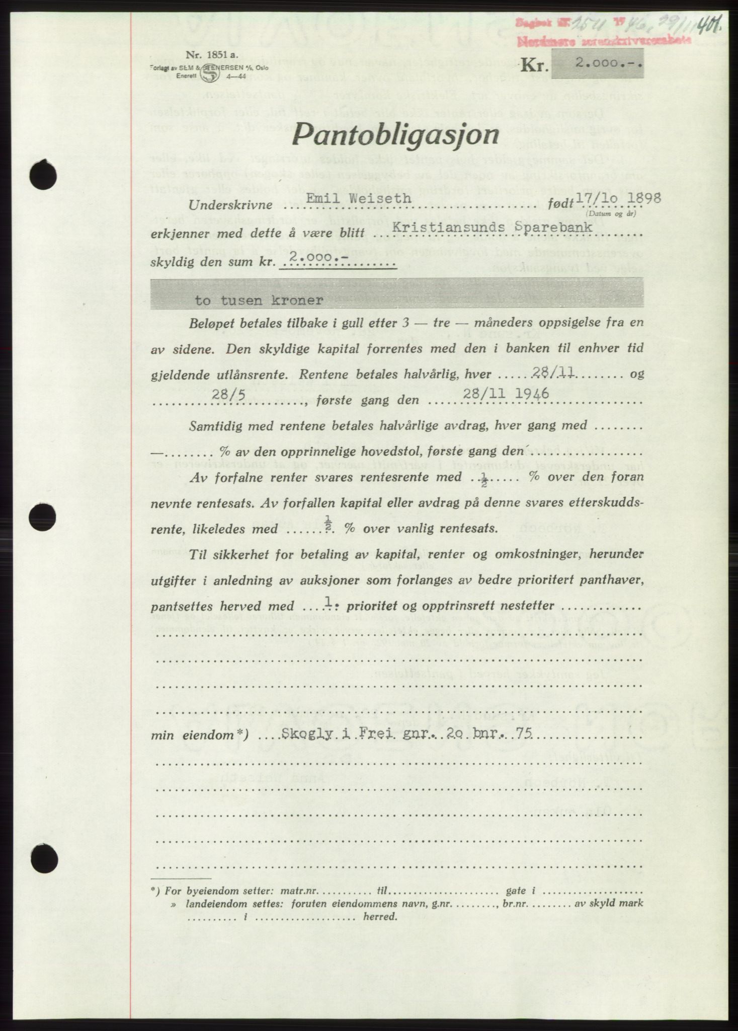 Nordmøre sorenskriveri, AV/SAT-A-4132/1/2/2Ca: Mortgage book no. B95, 1946-1947, Diary no: : 2511/1946