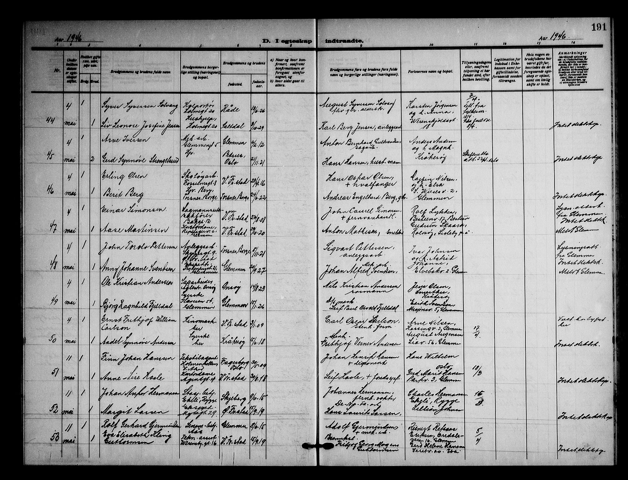 Fredrikstad domkirkes prestekontor Kirkebøker, AV/SAO-A-10906/G/Ga/L0006: Parish register (copy) no. 6, 1923-1949, p. 191