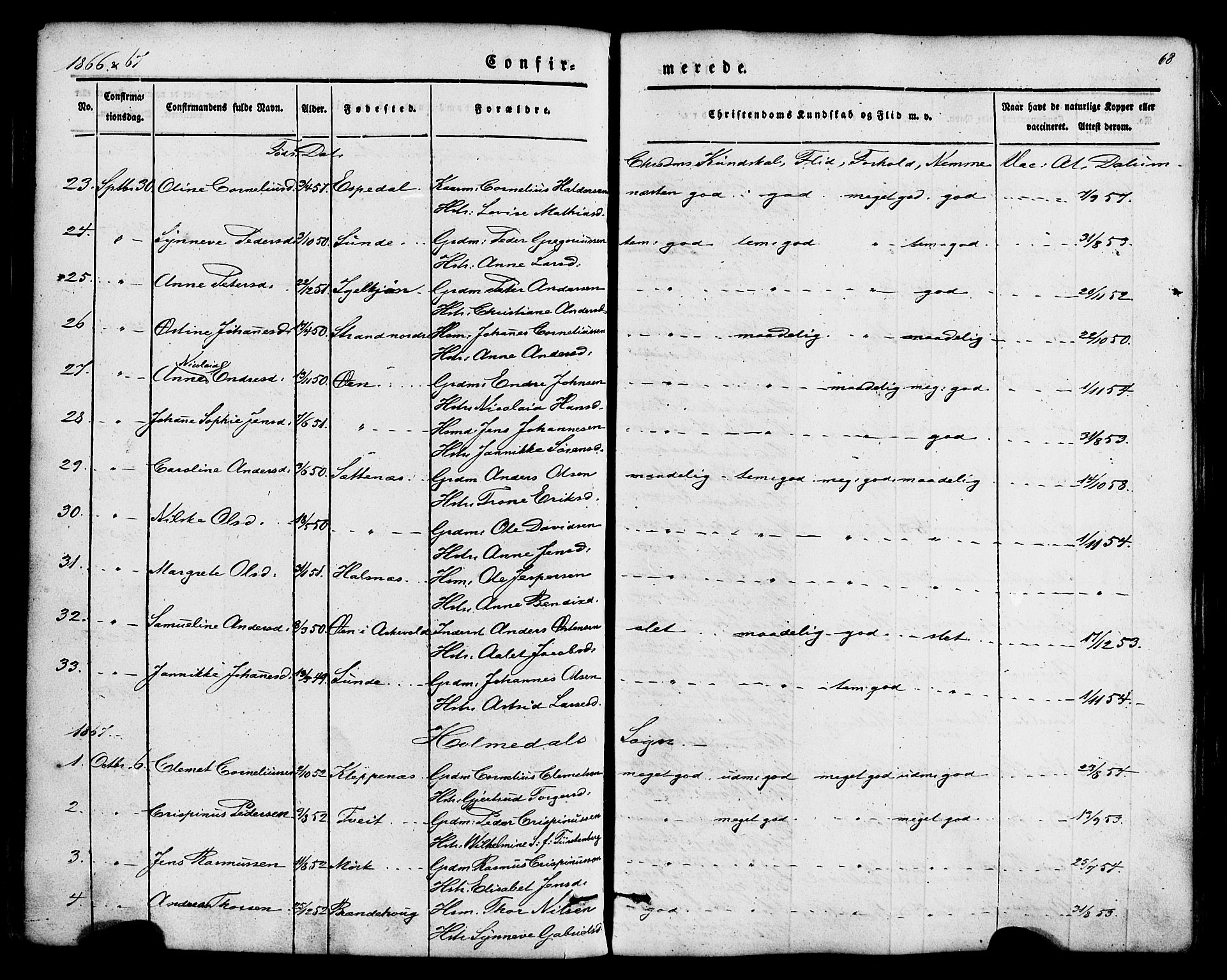 Fjaler sokneprestembete, SAB/A-79801/H/Haa/Haaa/L0008: Parish register (official) no. A 8, 1850-1886, p. 68