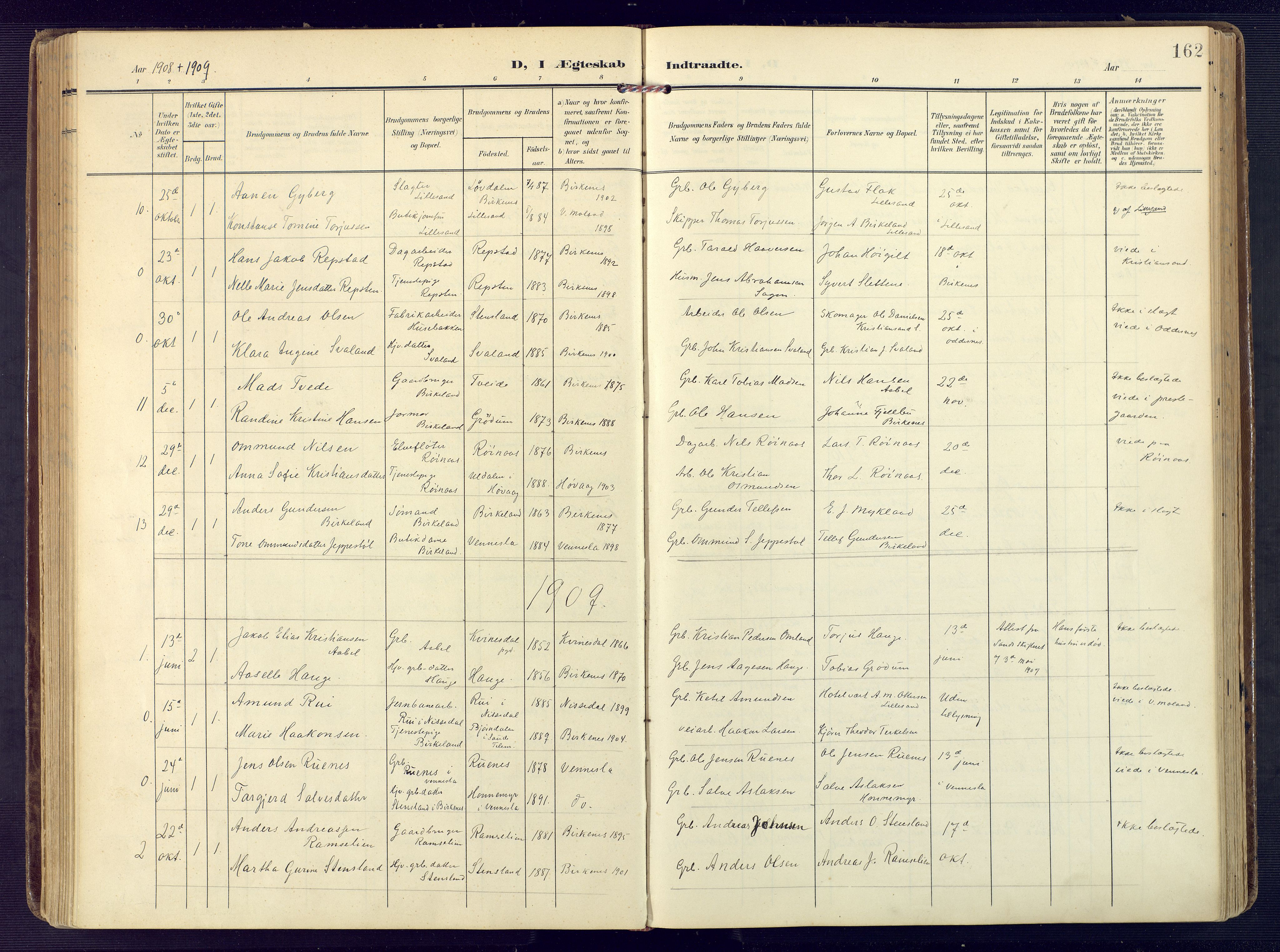 Birkenes sokneprestkontor, AV/SAK-1111-0004/F/Fa/L0006: Parish register (official) no. A 6, 1908-1932, p. 162