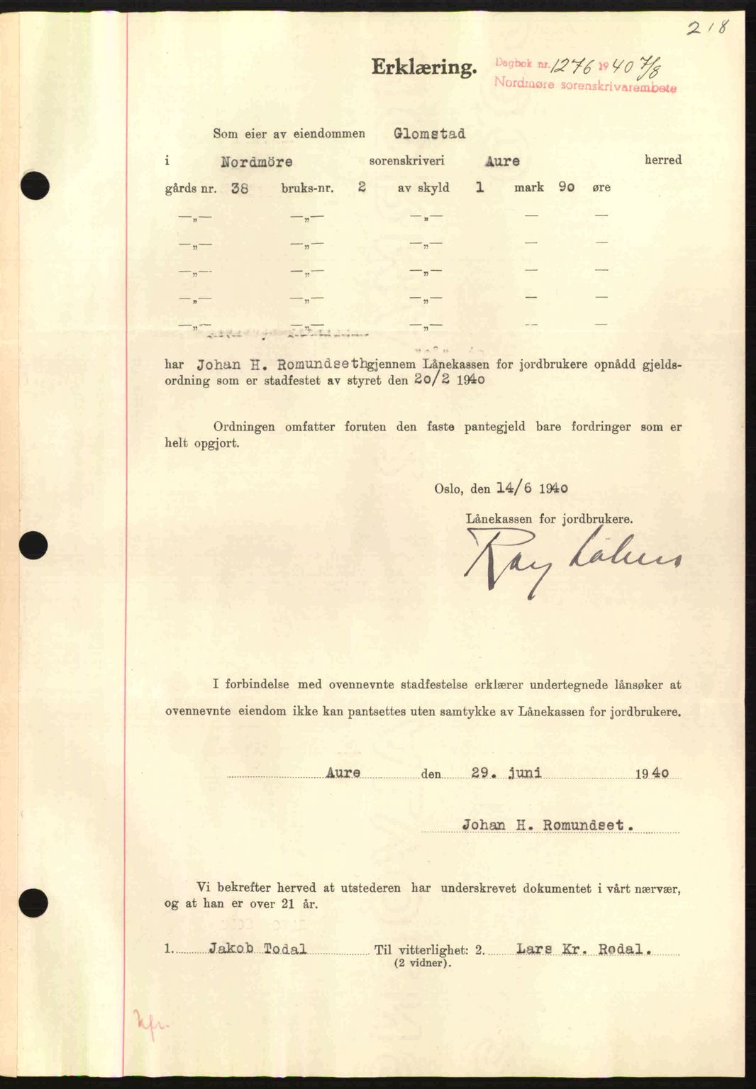 Nordmøre sorenskriveri, AV/SAT-A-4132/1/2/2Ca: Mortgage book no. B87, 1940-1941, Diary no: : 1276/1940