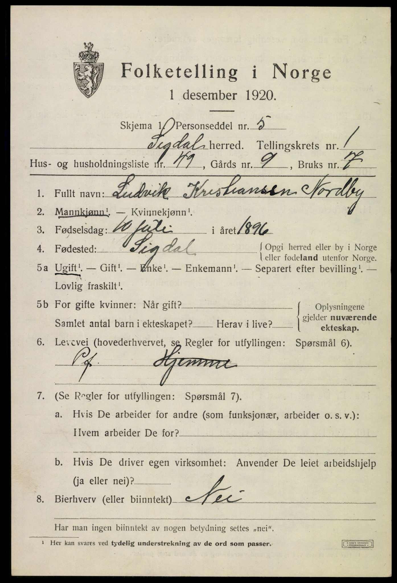 SAKO, 1920 census for Sigdal, 1920, p. 2006
