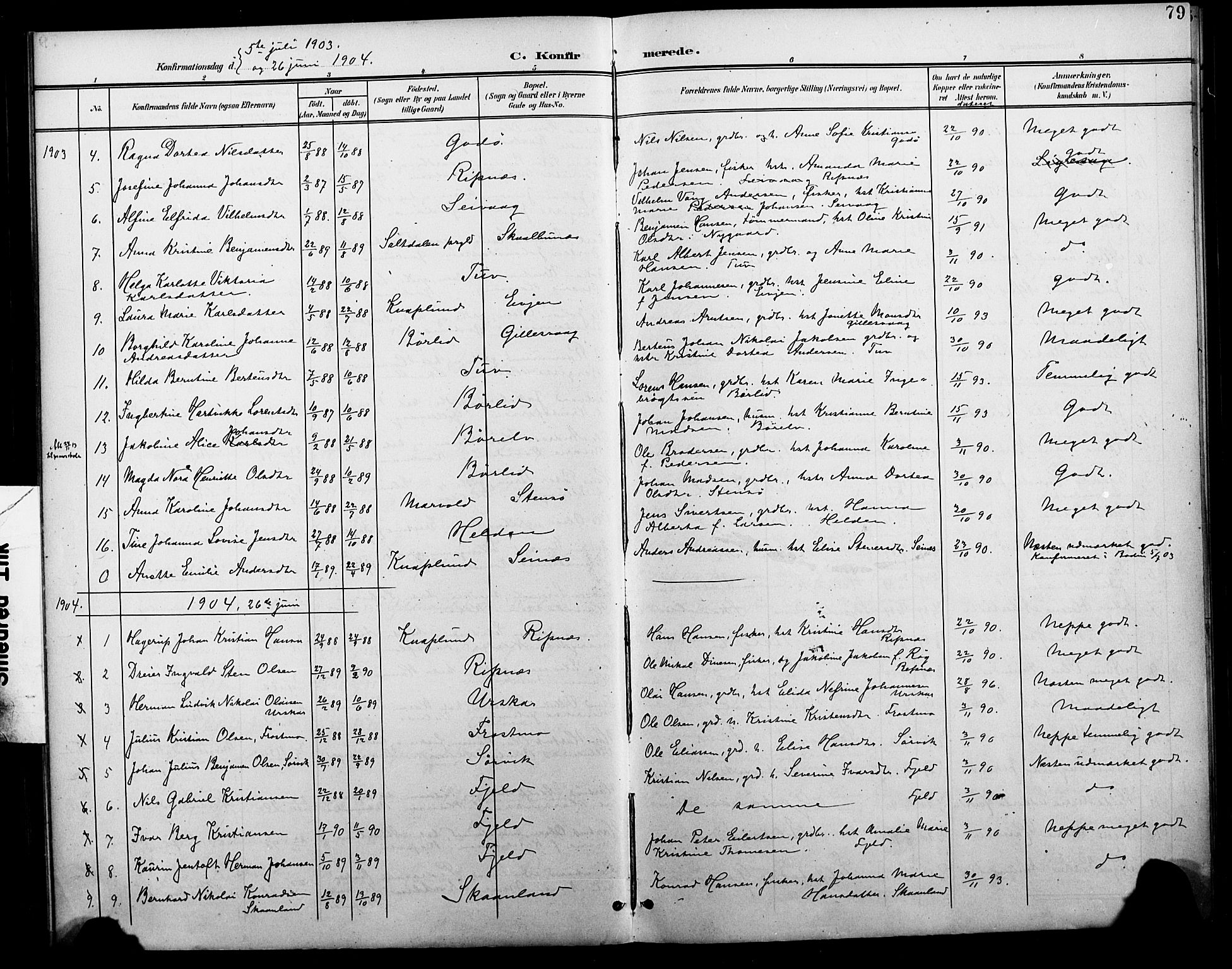 Ministerialprotokoller, klokkerbøker og fødselsregistre - Nordland, AV/SAT-A-1459/804/L0088: Parish register (copy) no. 804C01, 1901-1917, p. 79