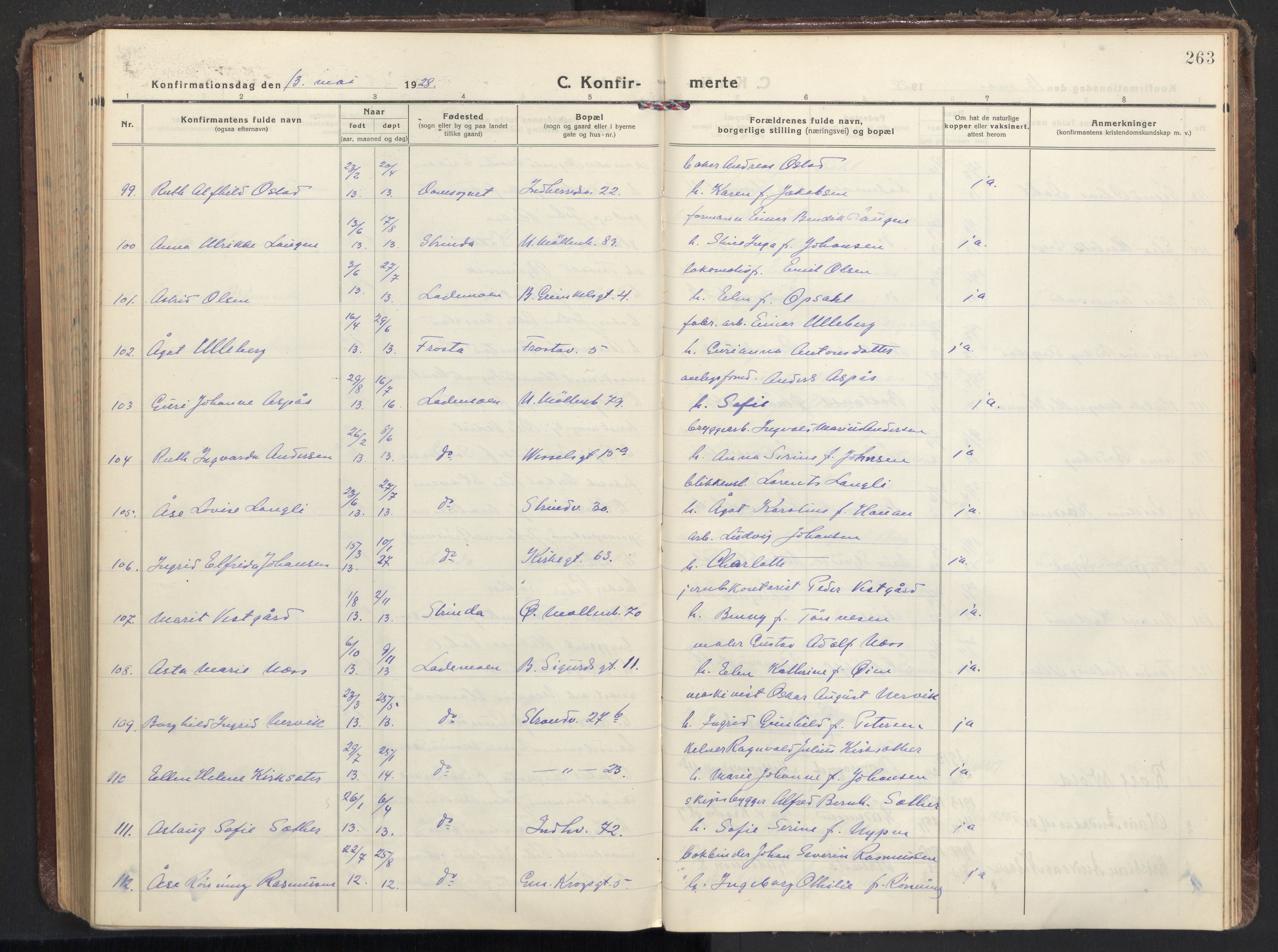 Ministerialprotokoller, klokkerbøker og fødselsregistre - Sør-Trøndelag, AV/SAT-A-1456/605/L0247: Parish register (official) no. 605A09, 1918-1930, p. 263