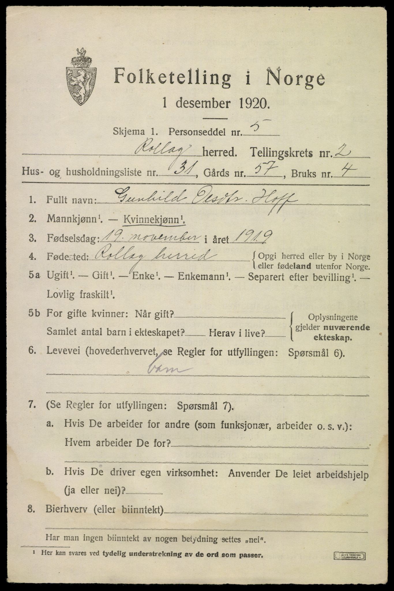 SAKO, 1920 census for Rollag, 1920, p. 1314