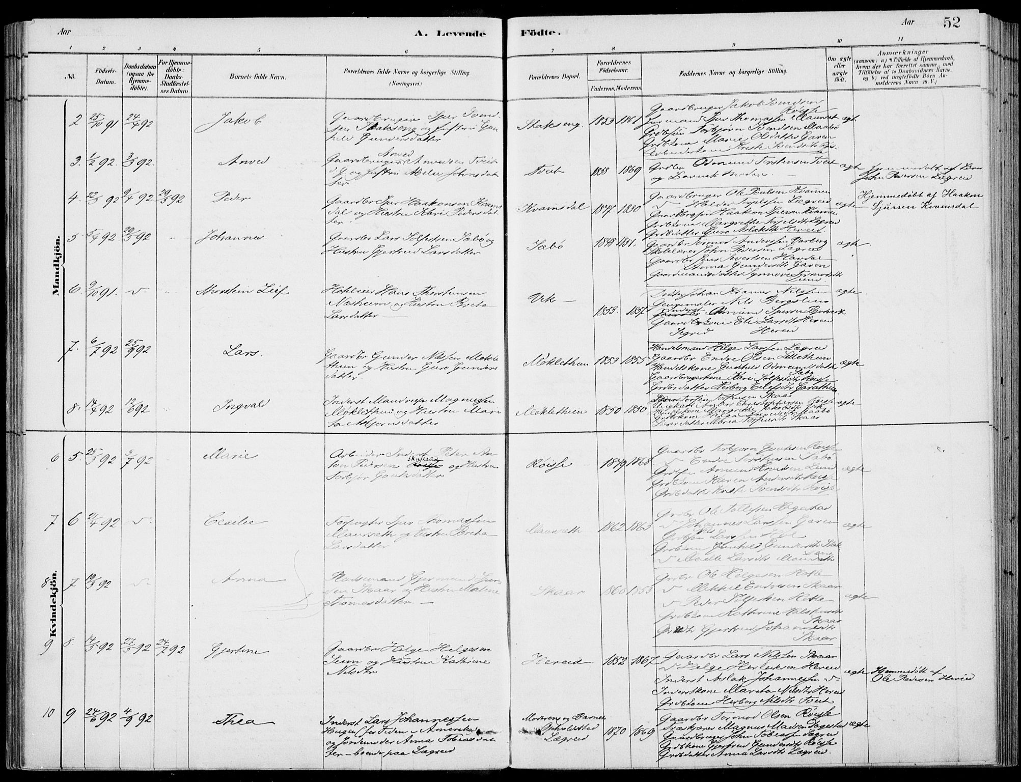 Ulvik sokneprestembete, AV/SAB-A-78801/H/Haa: Parish register (official) no. D  1, 1878-1903, p. 52