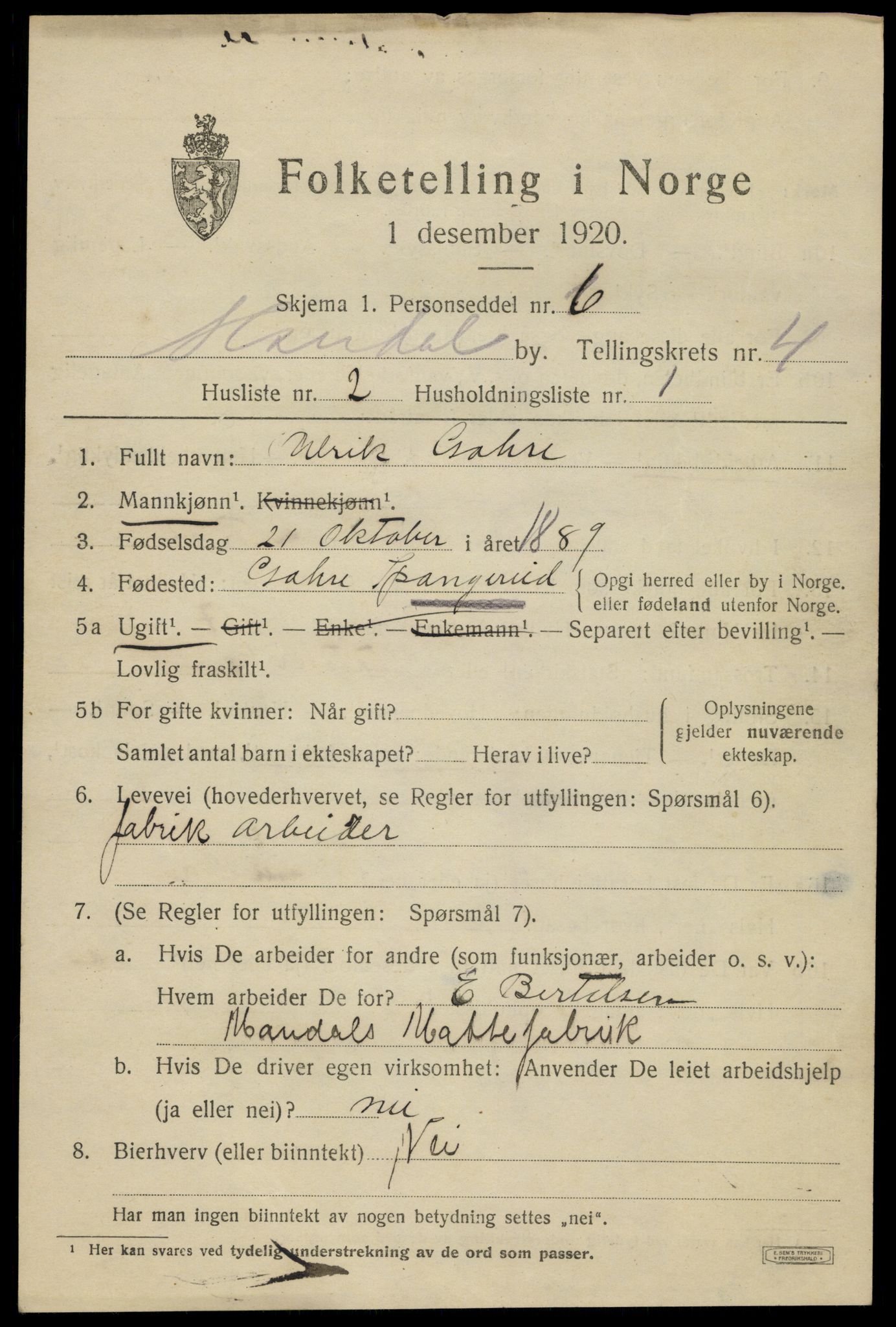 SAK, 1920 census for Mandal, 1920, p. 7035