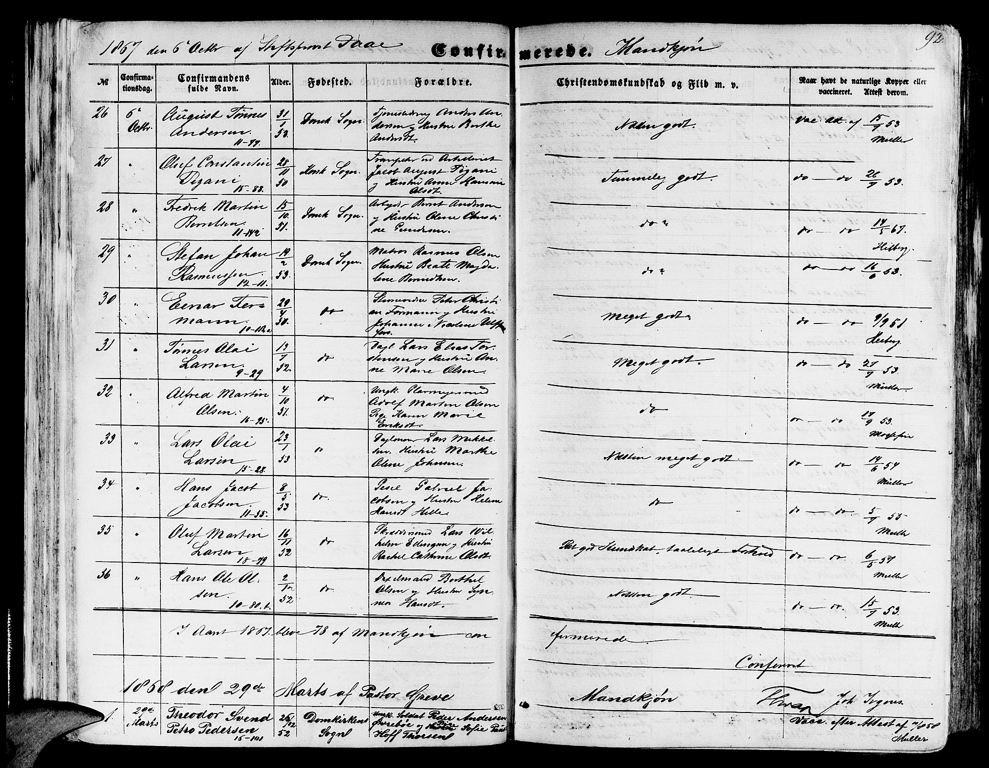 Domkirken sokneprestembete, SAB/A-74801/H/Hab/L0023: Parish register (copy) no. C 3, 1854-1880, p. 92