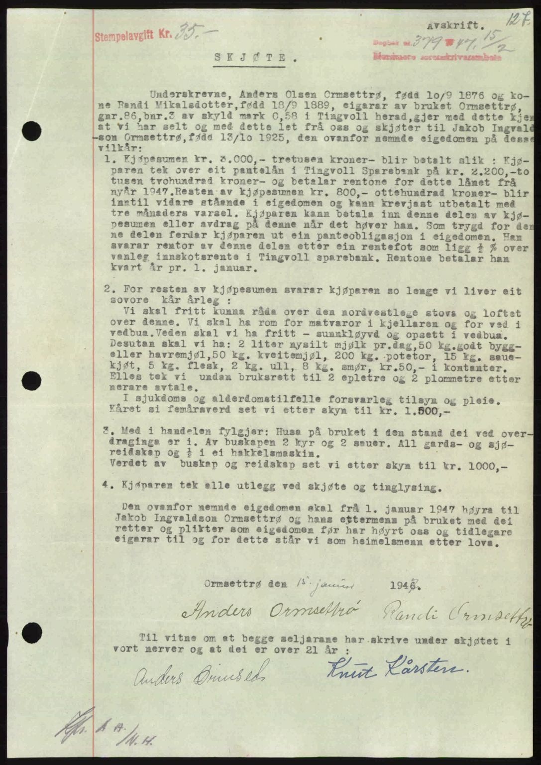 Nordmøre sorenskriveri, AV/SAT-A-4132/1/2/2Ca: Mortgage book no. A104, 1947-1947, Diary no: : 379/1947