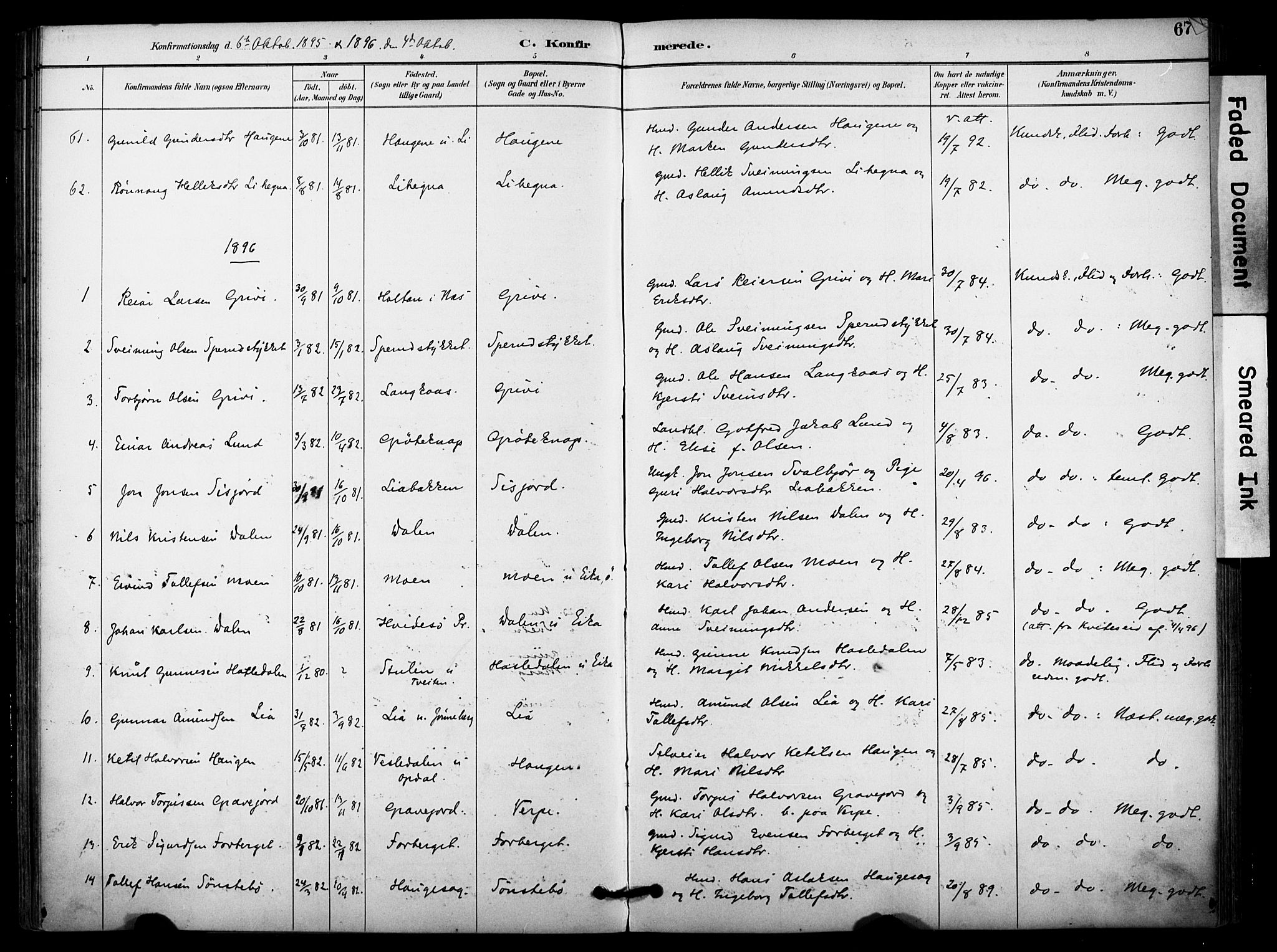 Bø kirkebøker, SAKO/A-257/F/Fa/L0011: Parish register (official) no. 11, 1892-1900, p. 67