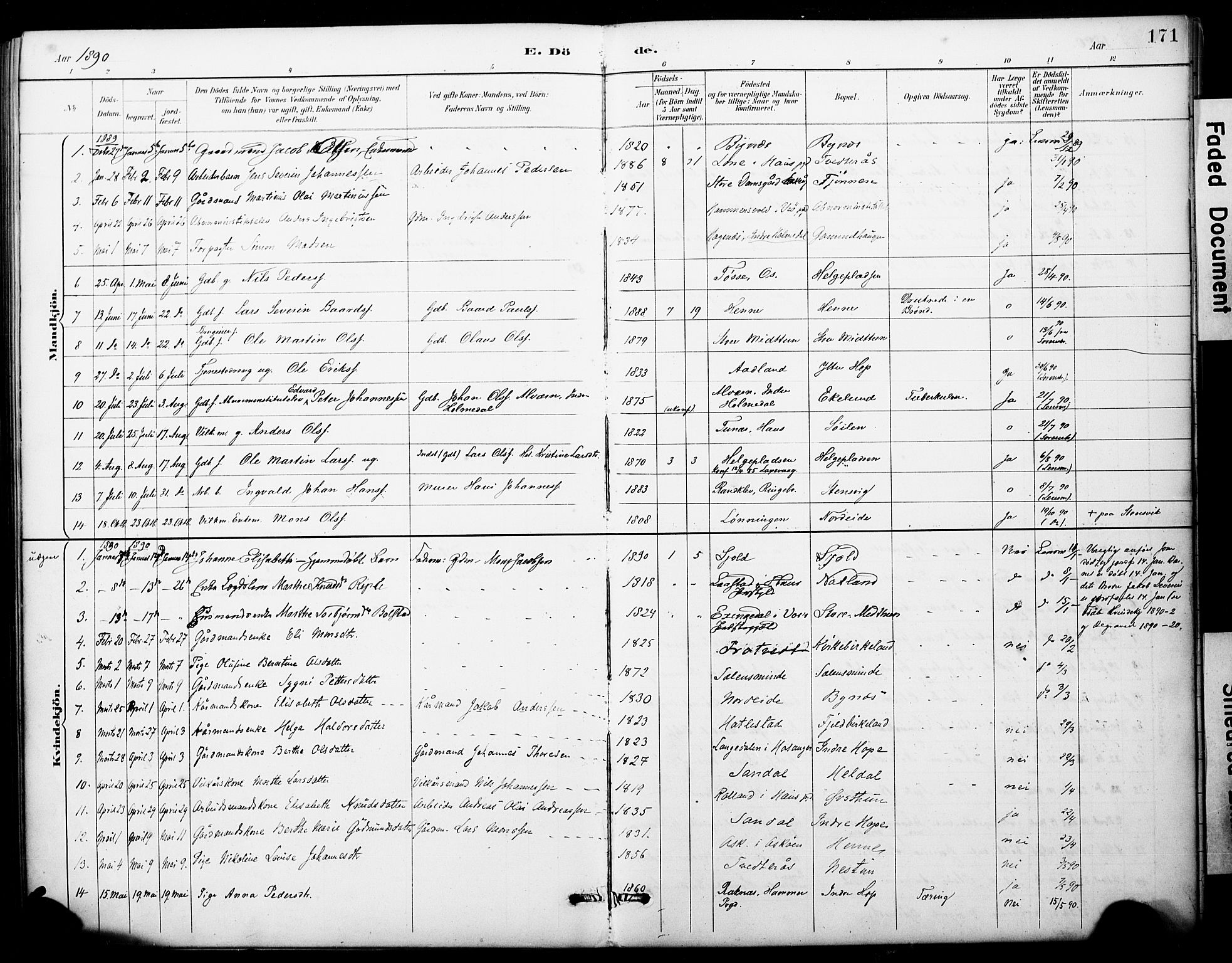 Fana Sokneprestembete, SAB/A-75101/H/Haa/Haai/L0002: Parish register (official) no. I 2, 1888-1899, p. 171