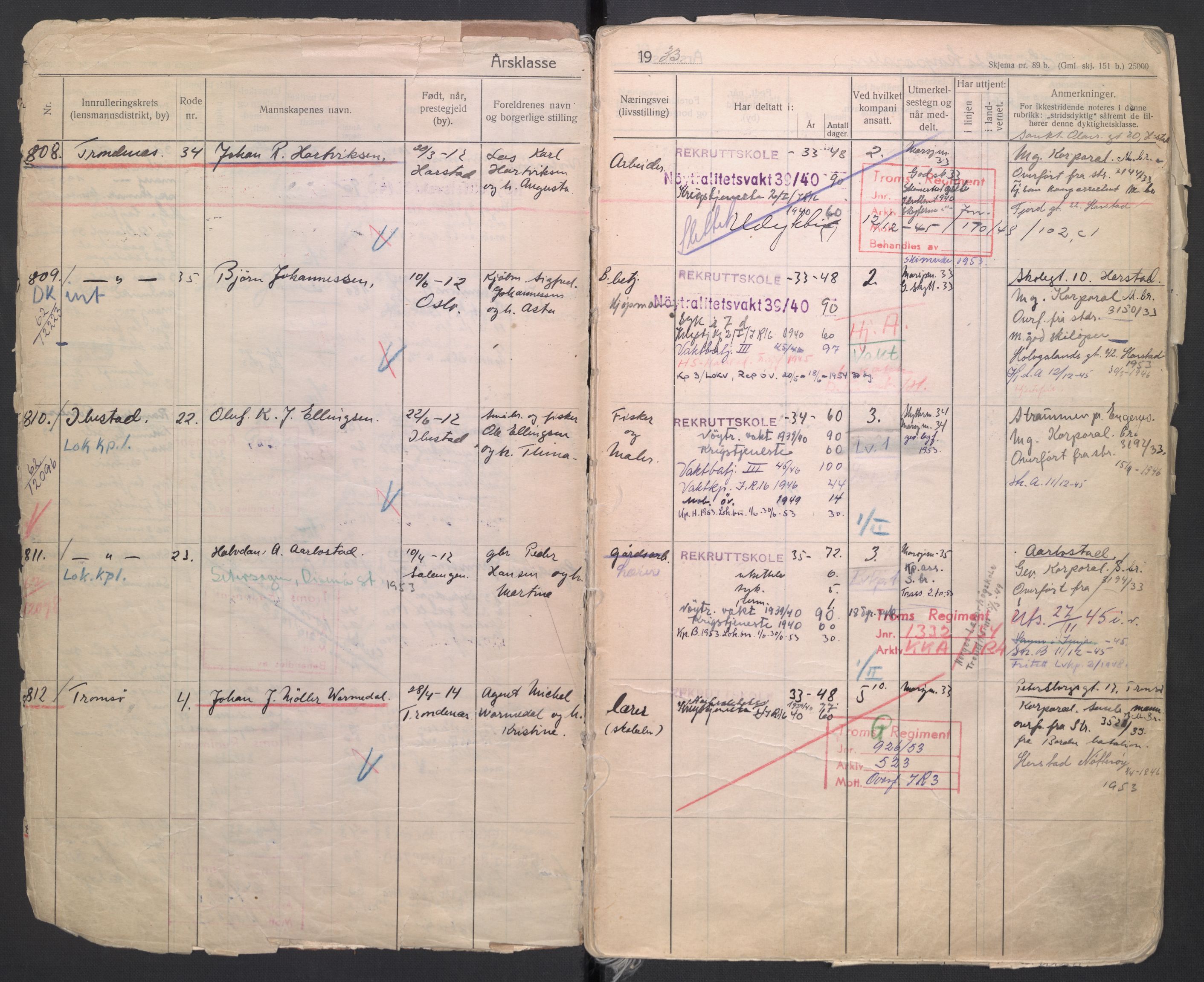 Forsvaret, Troms infanteriregiment nr. 16, AV/RA-RAFA-3146/P/Pa/L0006/0004: Ruller / Rulle for Trondenes bataljons menige mannskaper, årsklasse 1933, 1933