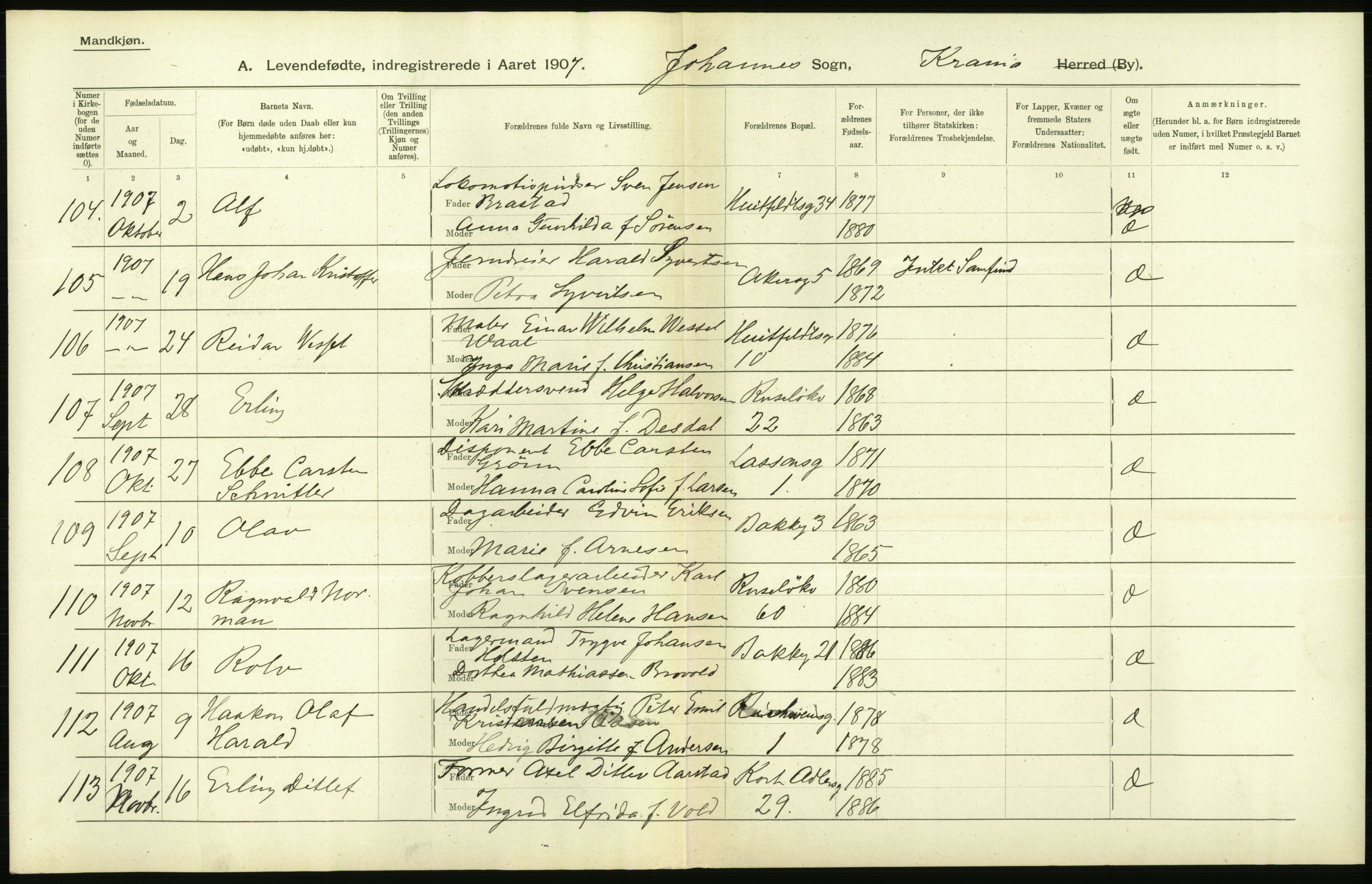 Statistisk sentralbyrå, Sosiodemografiske emner, Befolkning, AV/RA-S-2228/D/Df/Dfa/Dfae/L0006: Kristiania: Levendefødte menn og kvinner., 1907, p. 376