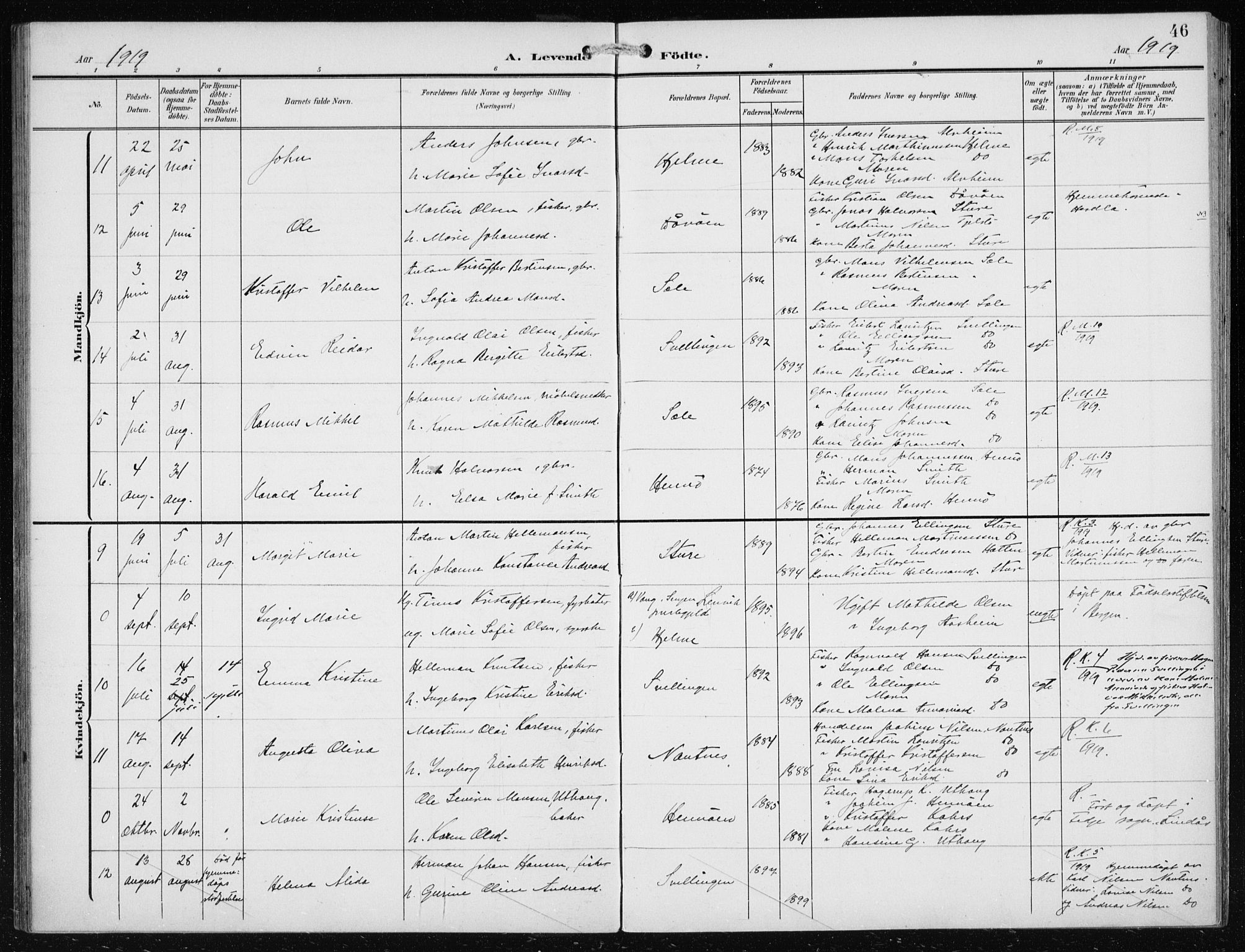 Herdla Sokneprestembete, AV/SAB-A-75701/H/Haa: Parish register (official) no. B 1, 1902-1921, p. 46