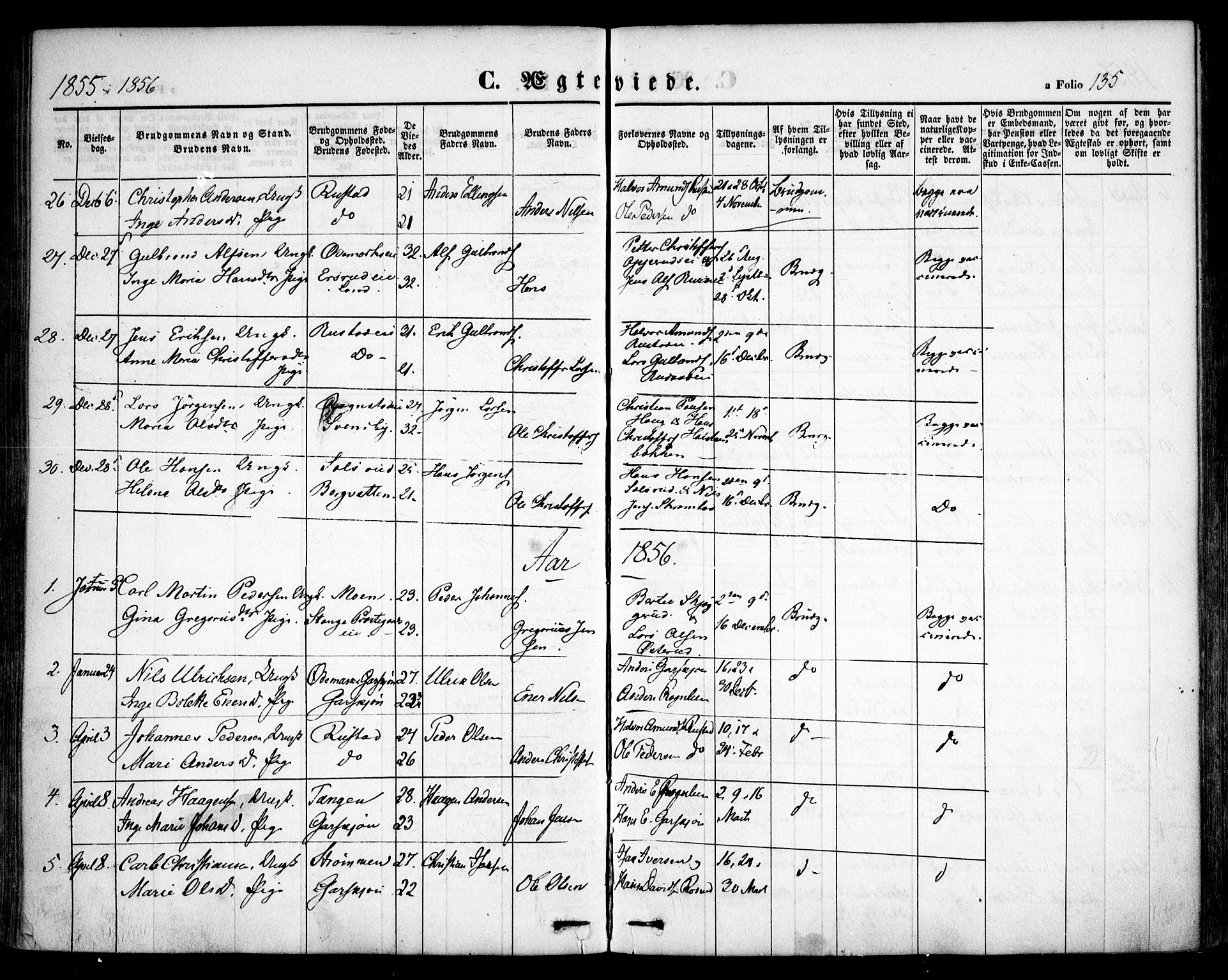 Hurdal prestekontor Kirkebøker, AV/SAO-A-10889/F/Fa/L0005: Parish register (official) no. I 5, 1846-1859, p. 135