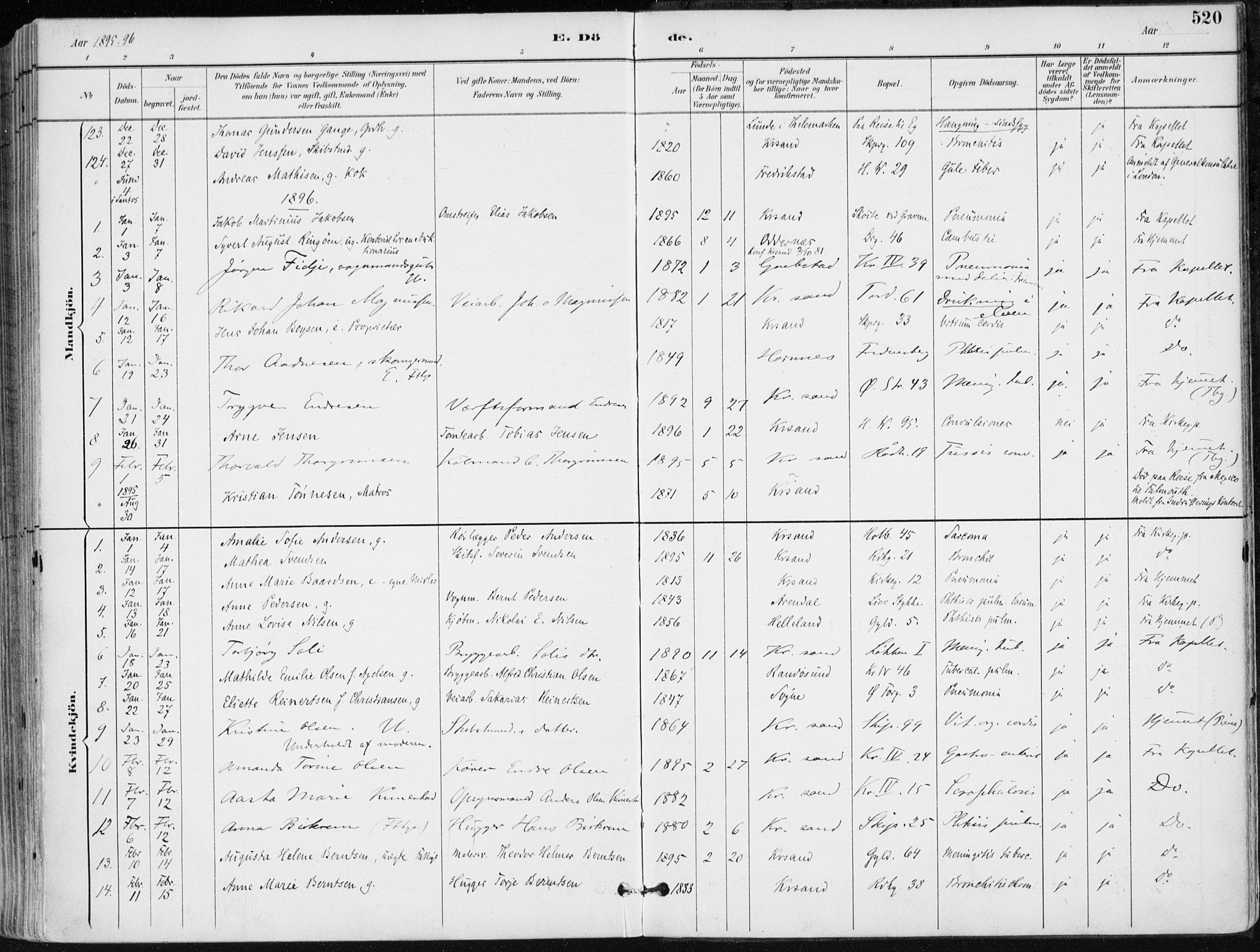 Kristiansand domprosti, AV/SAK-1112-0006/F/Fa/L0019: Parish register (official) no. A 18, 1890-1897, p. 520