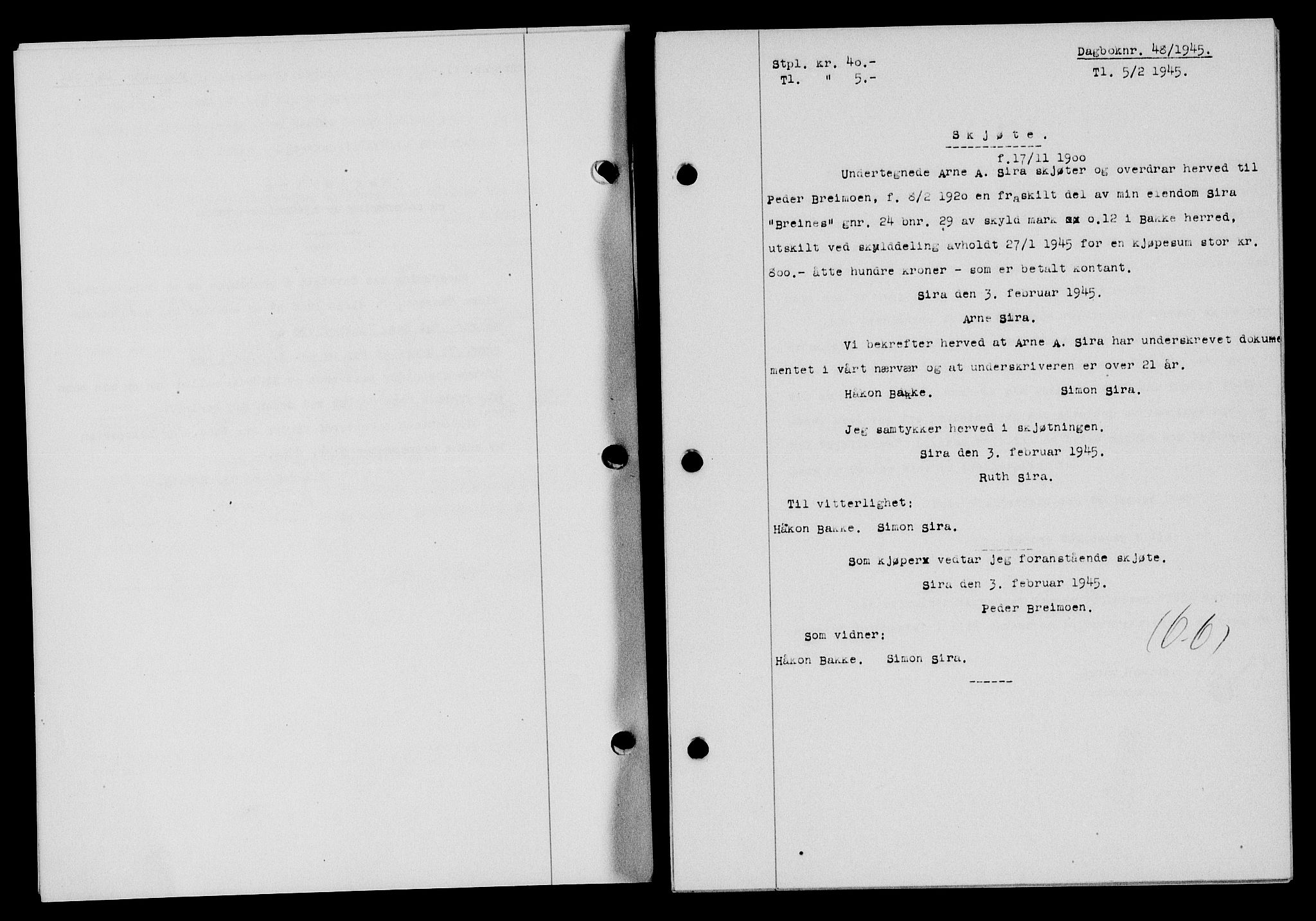 Flekkefjord sorenskriveri, SAK/1221-0001/G/Gb/Gba/L0059: Mortgage book no. A-7, 1944-1945, Diary no: : 48/1945