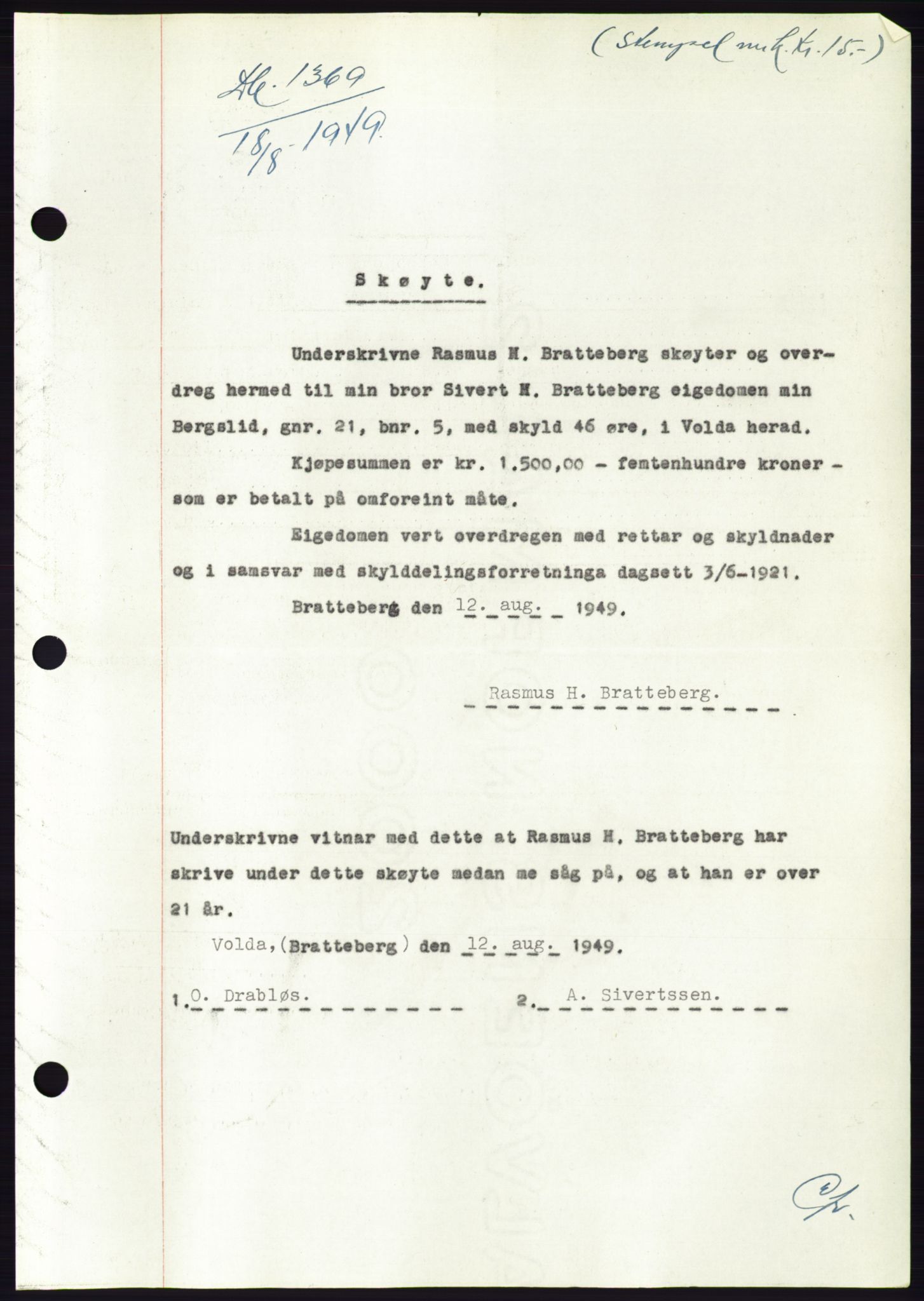 Søre Sunnmøre sorenskriveri, AV/SAT-A-4122/1/2/2C/L0085: Mortgage book no. 11A, 1949-1949, Diary no: : 1369/1949