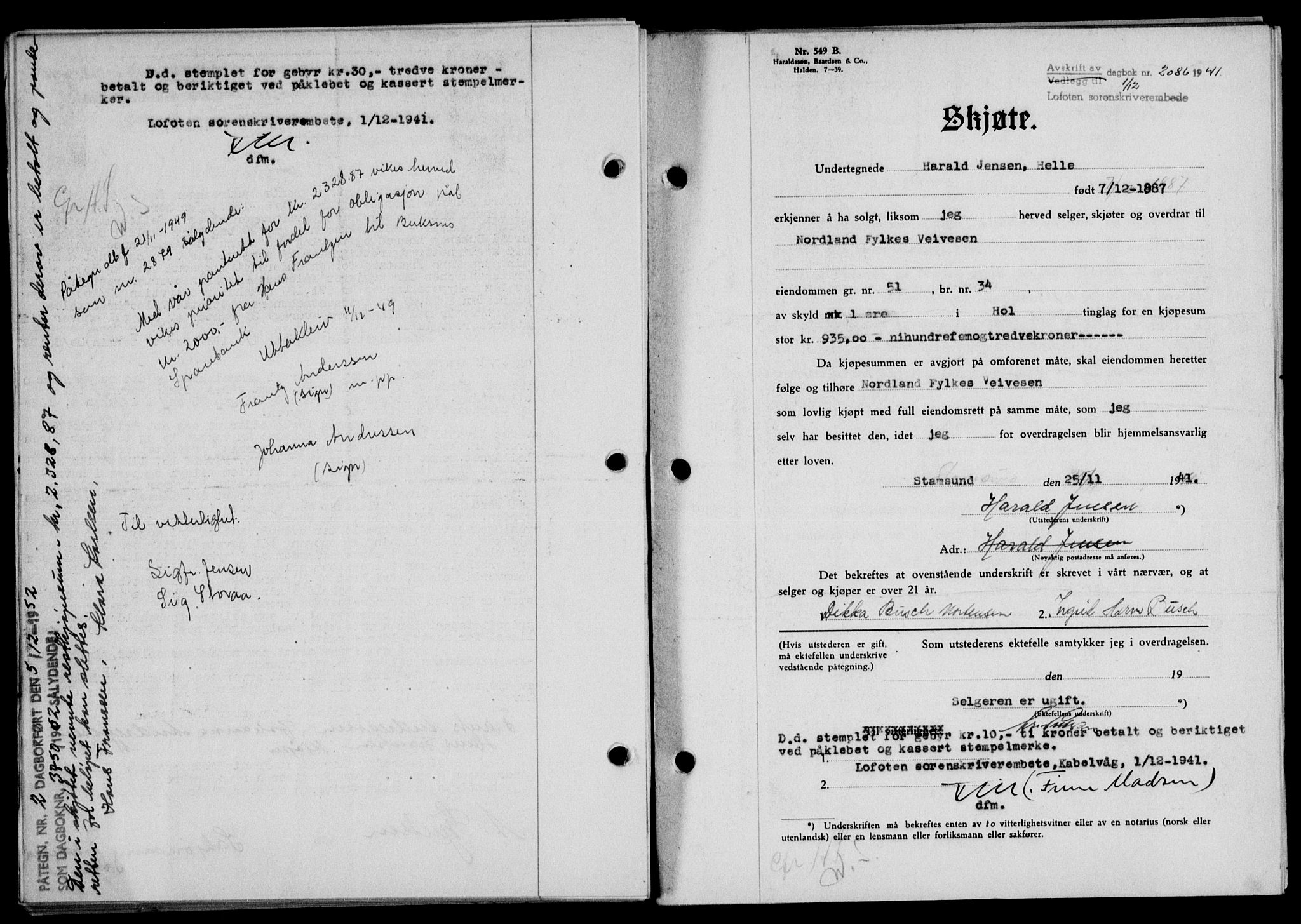 Lofoten sorenskriveri, SAT/A-0017/1/2/2C/L0009a: Mortgage book no. 9a, 1941-1942, Diary no: : 2086/1941