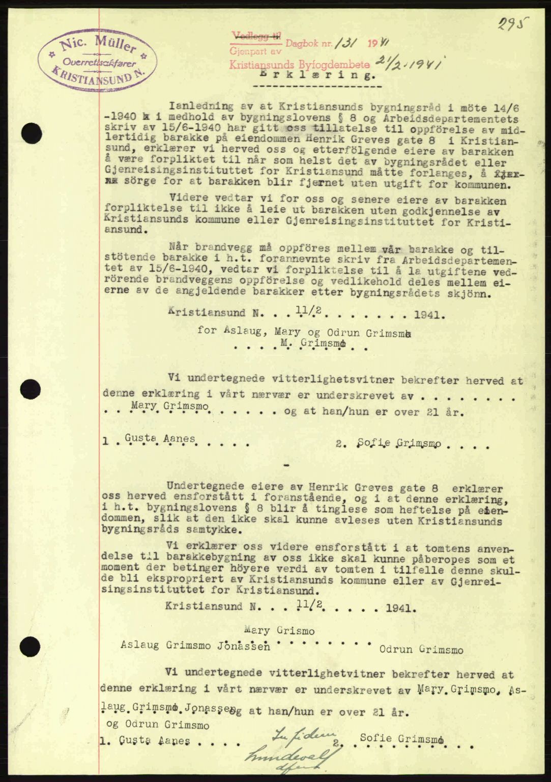 Kristiansund byfogd, AV/SAT-A-4587/A/27: Mortgage book no. 33, 1939-1941, Diary no: : 131/1941