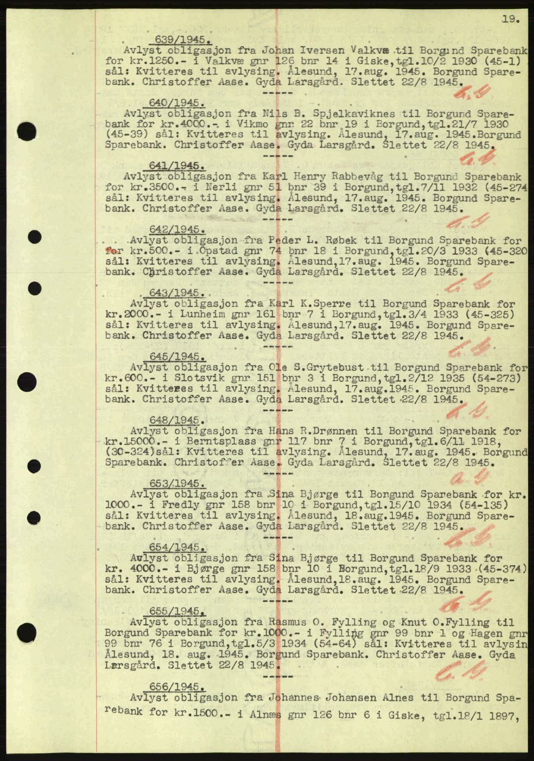 Nordre Sunnmøre sorenskriveri, SAT/A-0006/1/2/2C/2Ca: Mortgage book no. B6-14 a, 1942-1945, Diary no: : 639/1945