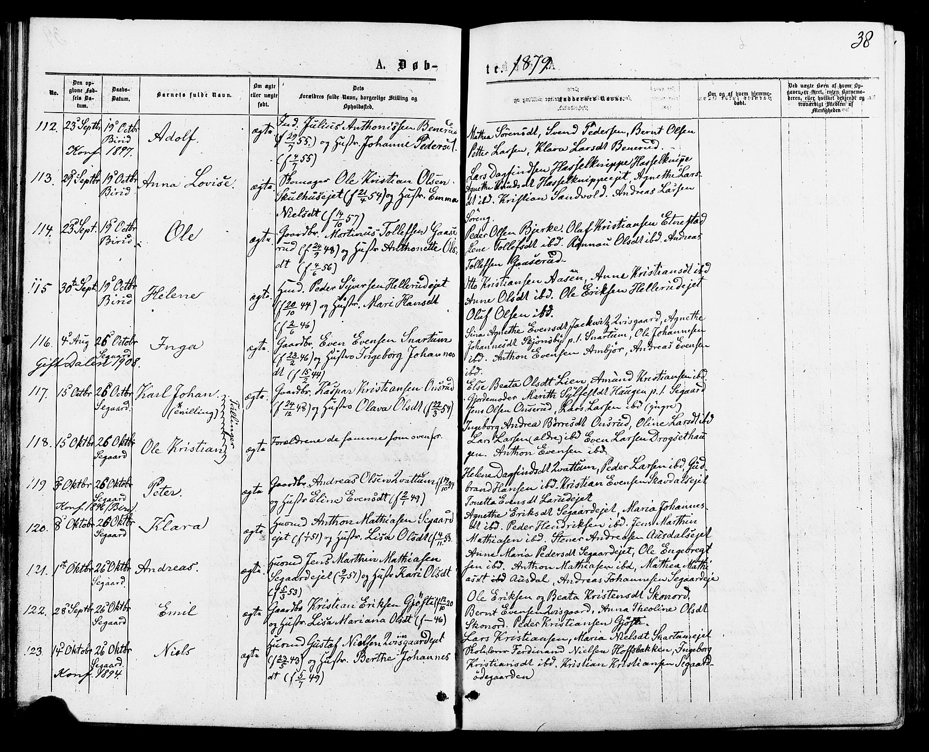 Biri prestekontor, SAH/PREST-096/H/Ha/Haa/L0006: Parish register (official) no. 6, 1877-1886, p. 38