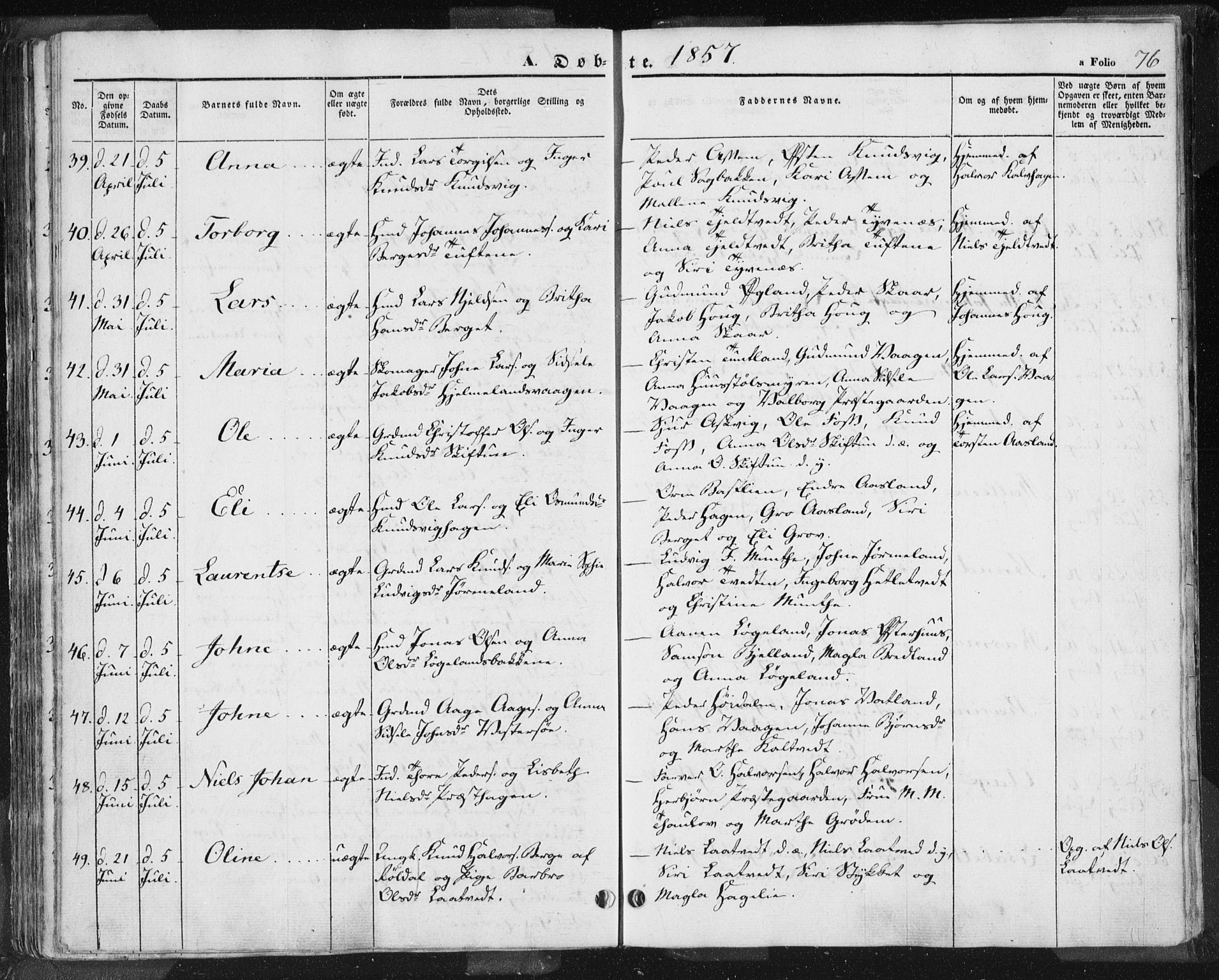 Hjelmeland sokneprestkontor, AV/SAST-A-101843/01/IV/L0009: Parish register (official) no. A 9, 1846-1860, p. 76