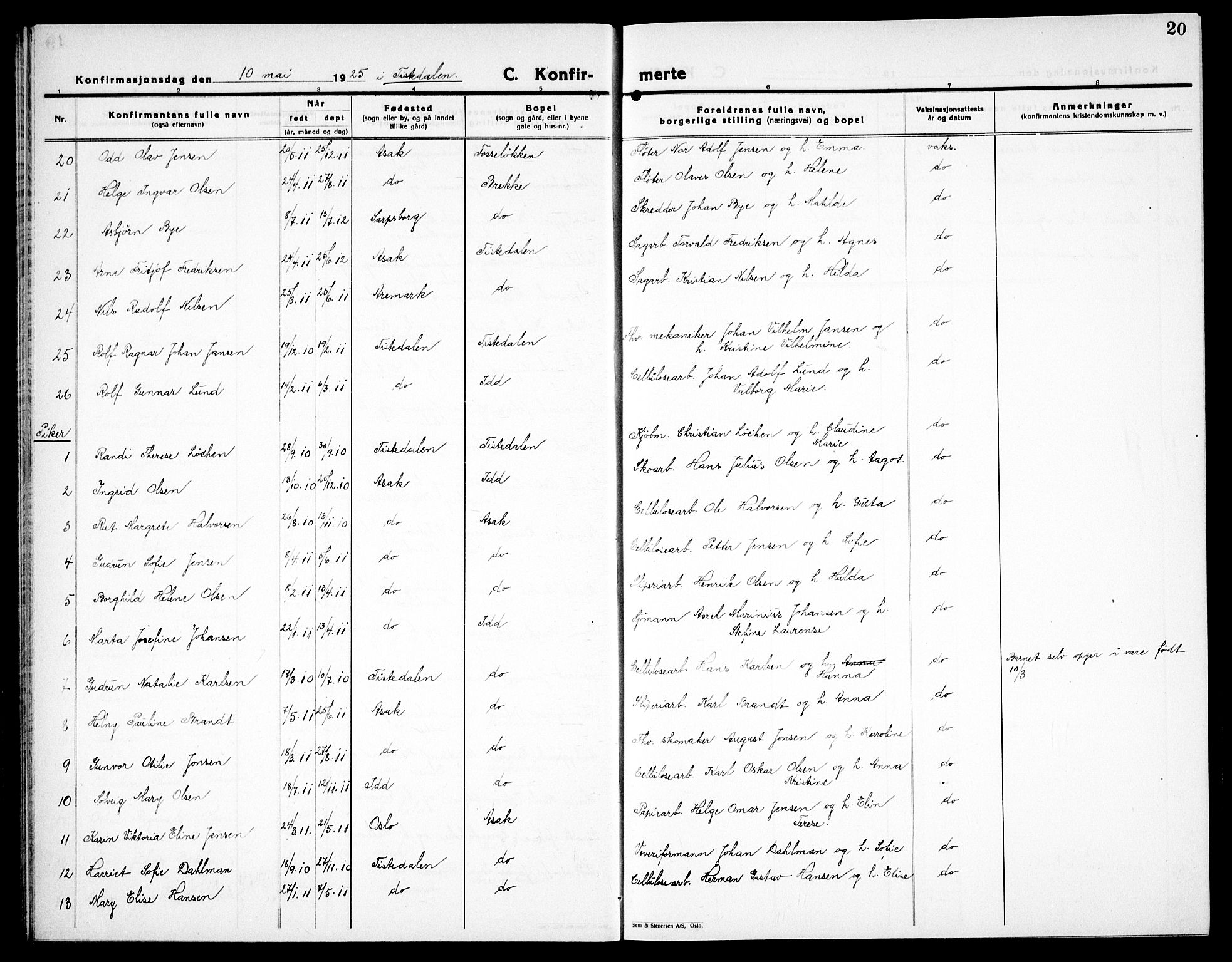 Halden prestekontor Kirkebøker, SAO/A-10909/G/Ga/L0013: Parish register (copy) no. 13, 1924-1939, p. 20