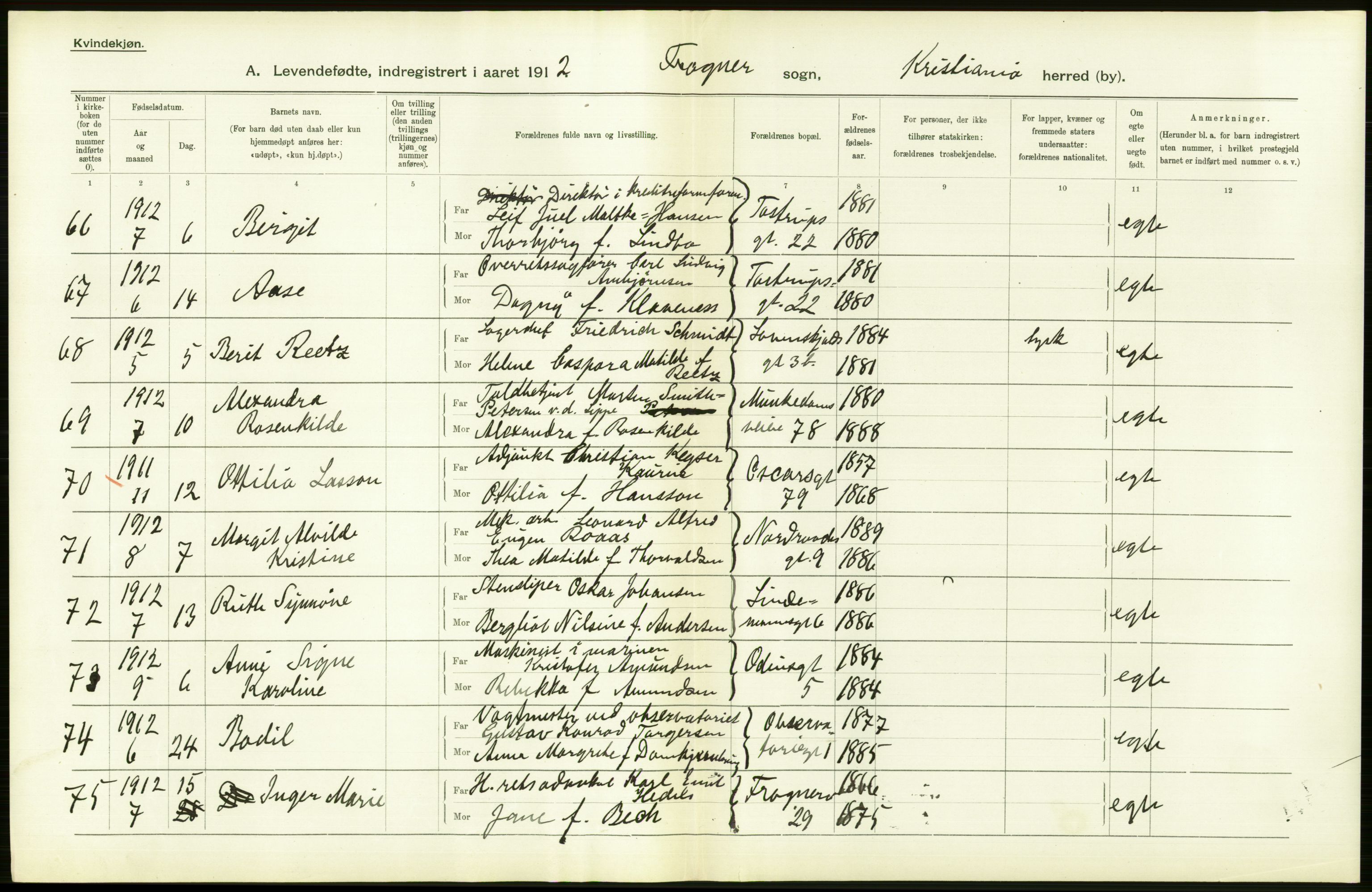 Statistisk sentralbyrå, Sosiodemografiske emner, Befolkning, RA/S-2228/D/Df/Dfb/Dfbb/L0007: Kristiania:  Levendefødte menn og kvinner., 1912, p. 468