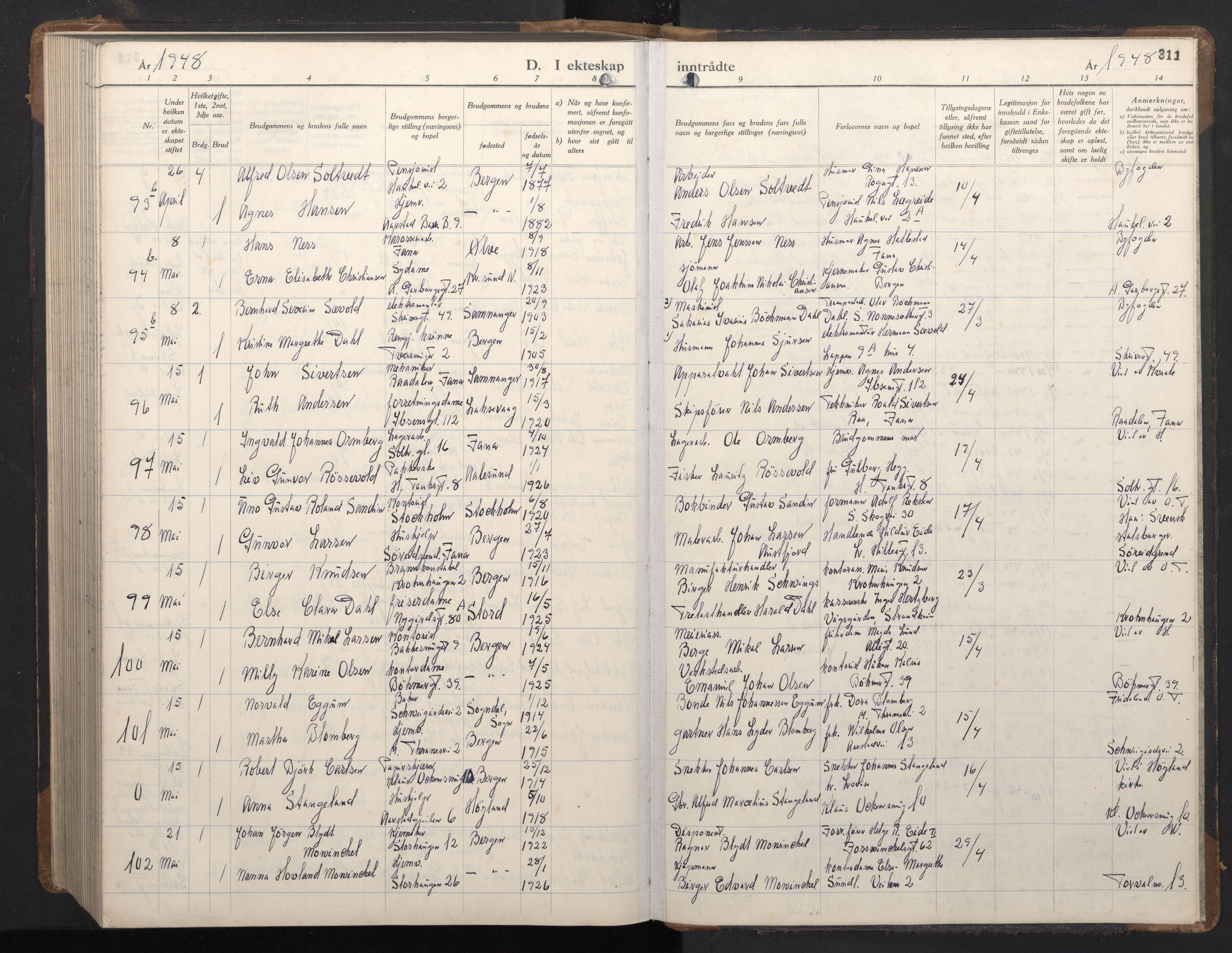 Årstad Sokneprestembete, AV/SAB-A-79301/H/Hab/L0021: Parish register (copy) no. C 3, 1935-1948, p. 310b-311a