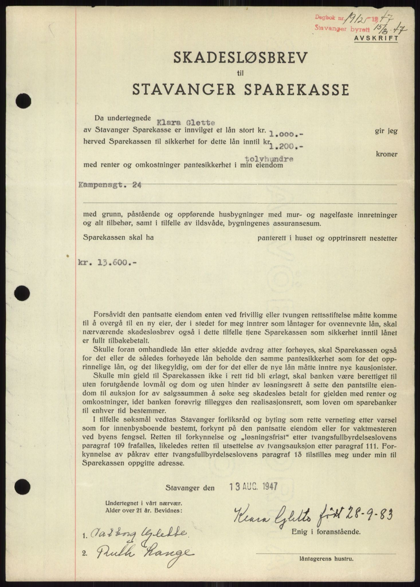 Stavanger byrett, SAST/A-100455/002/G/Gb/L0032: Mortgage book, 1947-1950, Diary no: : 1912/1947