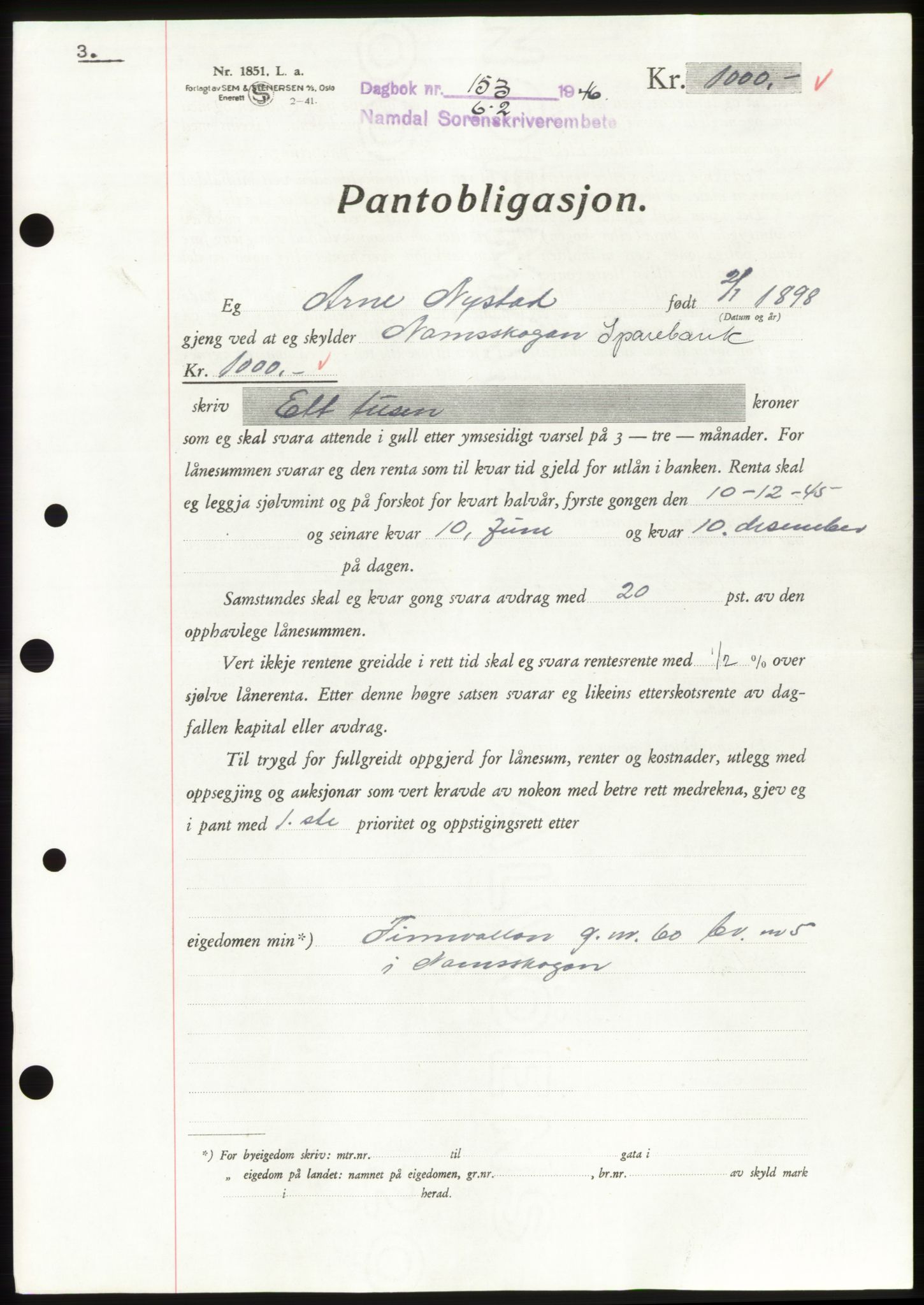 Namdal sorenskriveri, AV/SAT-A-4133/1/2/2C: Mortgage book no. -, 1946-1946, Diary no: : 153/1946