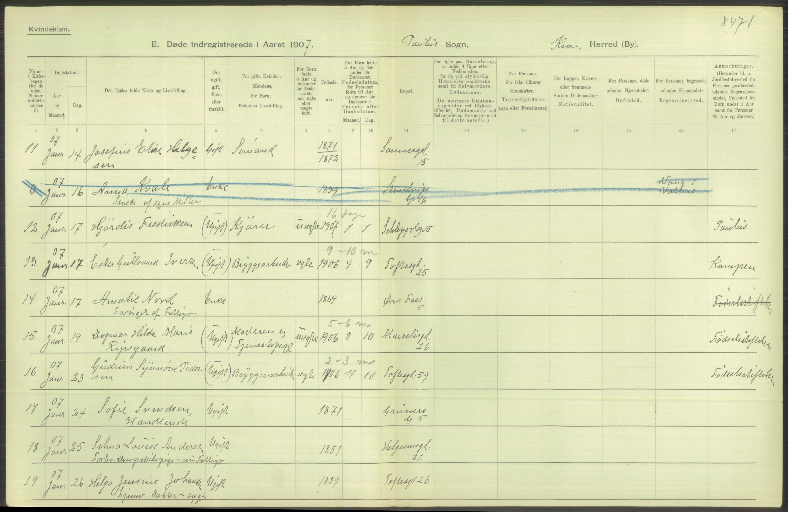 Statistisk sentralbyrå, Sosiodemografiske emner, Befolkning, RA/S-2228/D/Df/Dfa/Dfae/L0009: Kristiania: Døde, 1907, p. 406