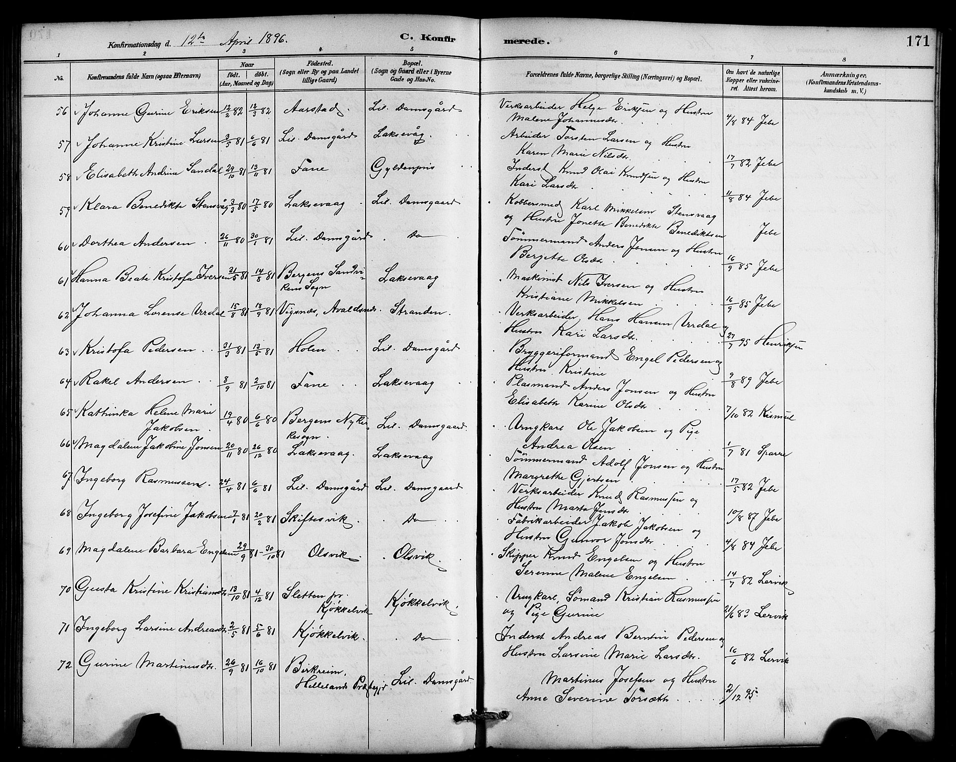Laksevåg Sokneprestembete, AV/SAB-A-76501/H/Ha/Hab/Haba/L0003: Parish register (copy) no. A 3, 1887-1899, p. 171