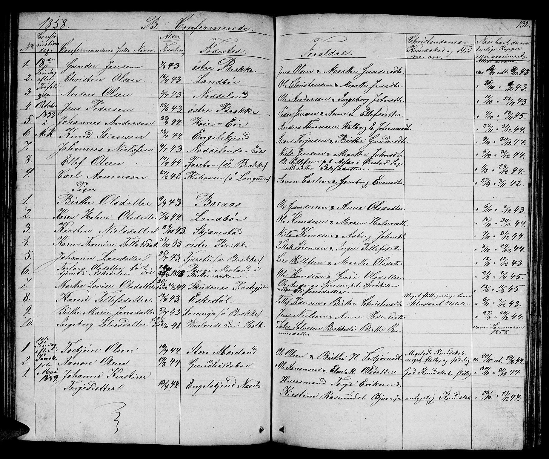 Austre Moland sokneprestkontor, SAK/1111-0001/F/Fb/Fba/L0001: Parish register (copy) no. B 1, 1842-1868, p. 132
