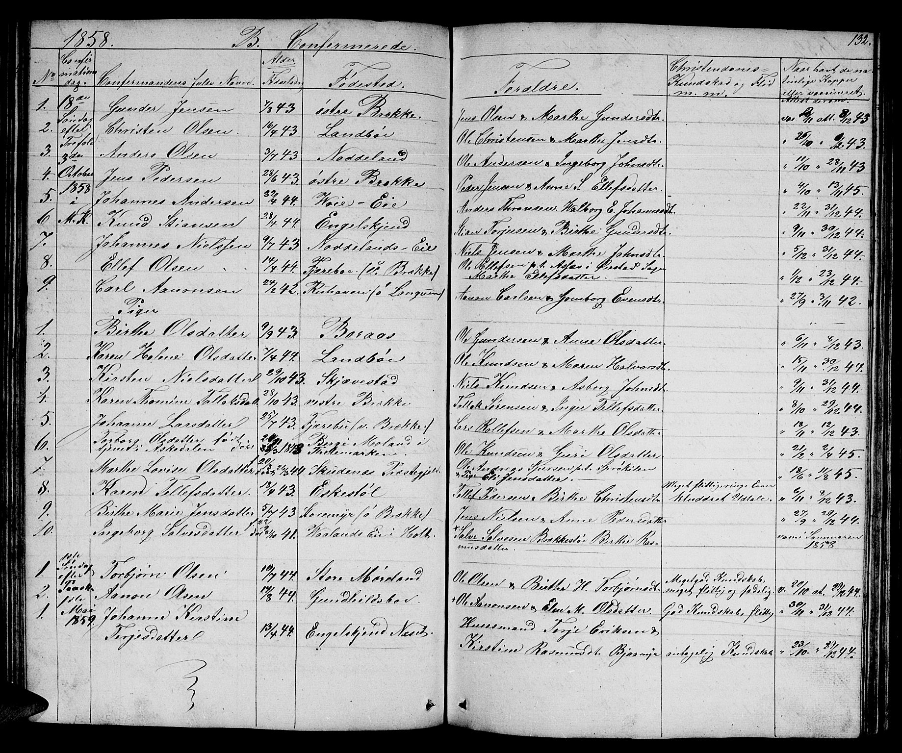 Austre Moland sokneprestkontor, AV/SAK-1111-0001/F/Fb/Fba/L0001: Parish register (copy) no. B 1, 1842-1868, p. 132