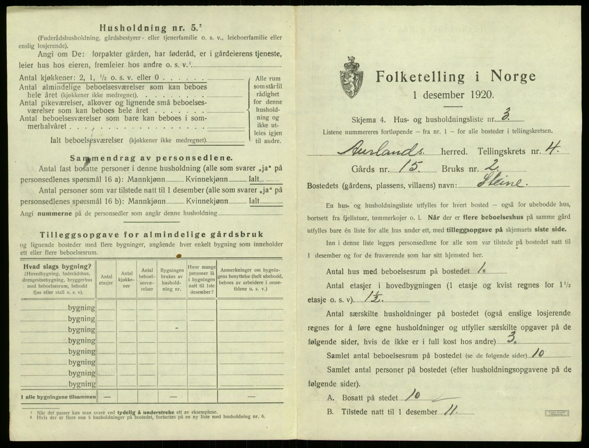 SAB, 1920 census for Aurland, 1920, p. 330