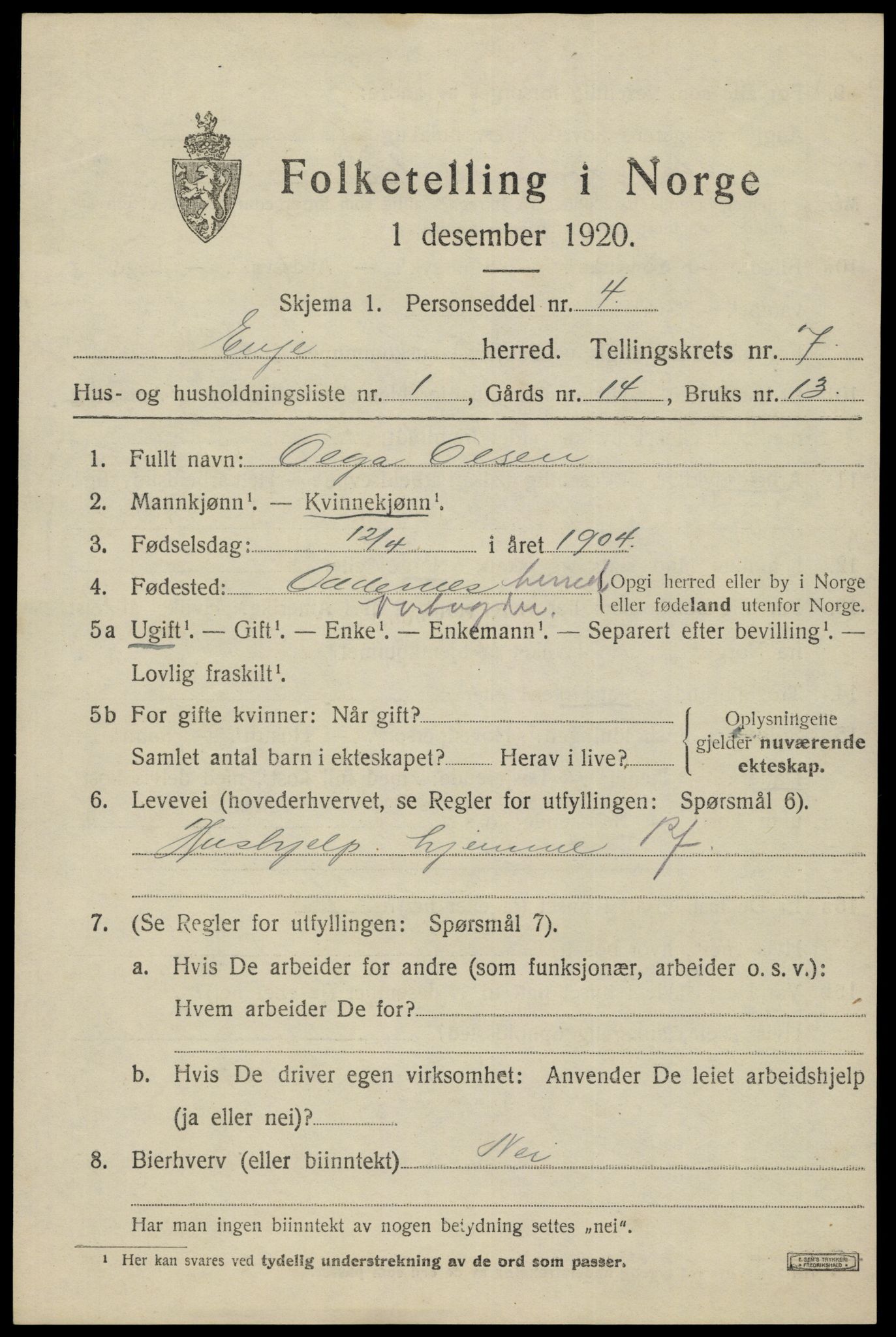 SAK, 1920 census for Evje, 1920, p. 2246