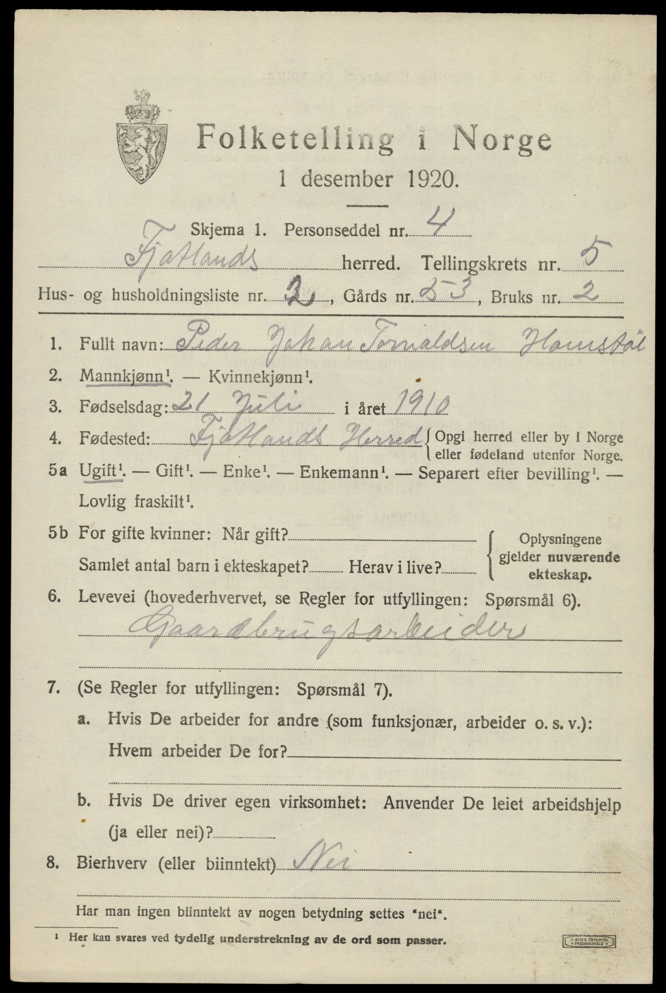SAK, 1920 census for Fjotland, 1920, p. 1540