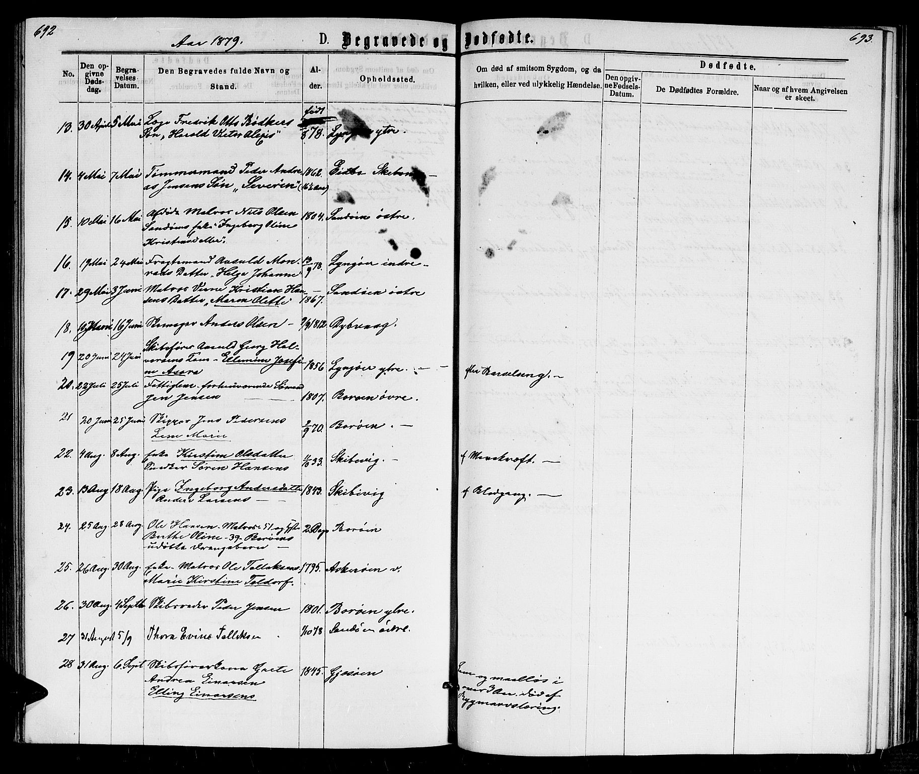 Dypvåg sokneprestkontor, AV/SAK-1111-0007/F/Fb/Fba/L0012: Parish register (copy) no. B 12, 1872-1886, p. 692-693