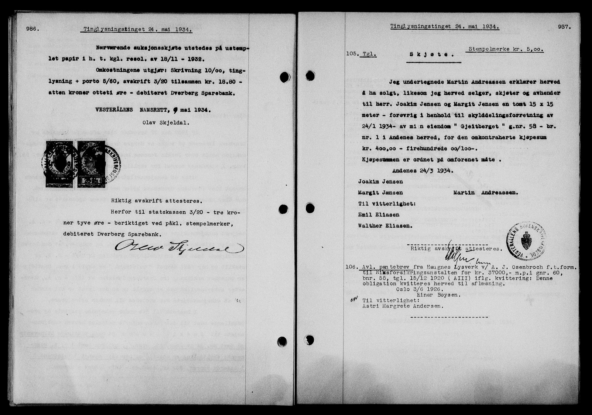 Vesterålen sorenskriveri, SAT/A-4180/1/2/2Ca/L0059: Mortgage book no. 52, 1933-1934, Deed date: 24.05.1934